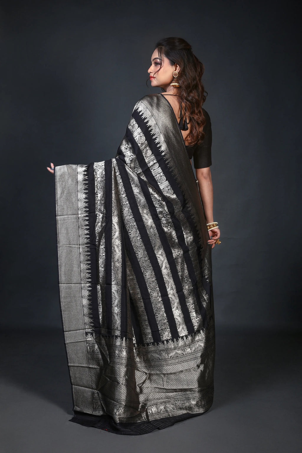 Black Blended Georgette Banarasi Saree With Blouse Piece