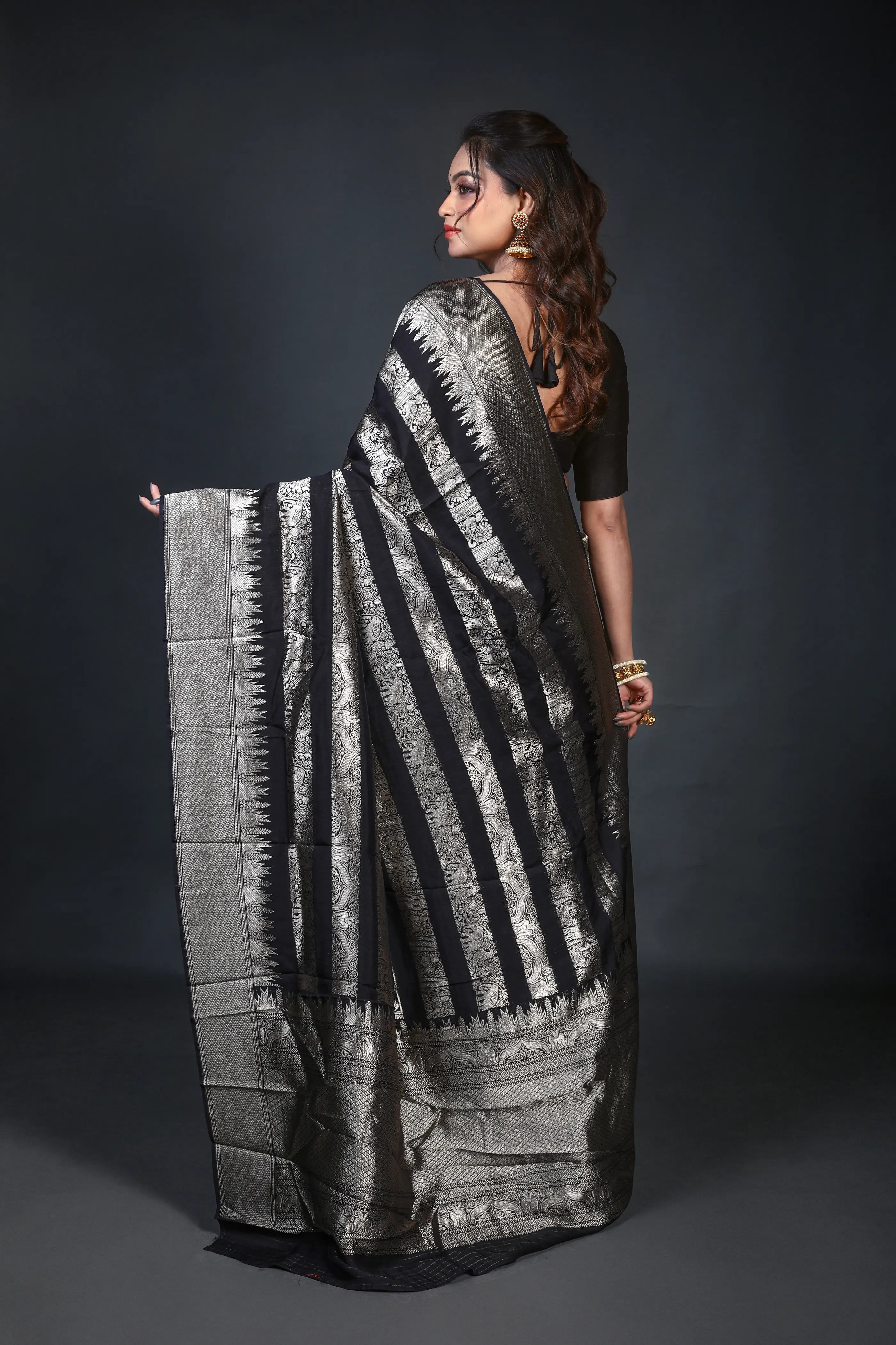 Black Blended Georgette Banarasi Saree With Blouse Piece