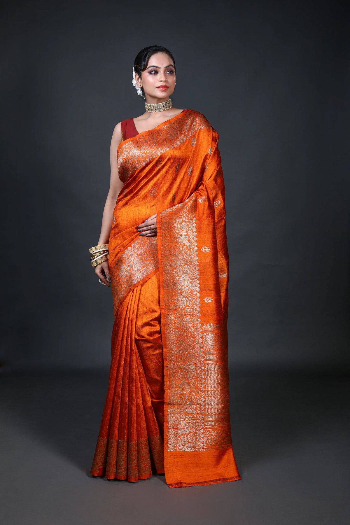 Rust Orange Raw Silk Banarasi Saree With Blouse Piece