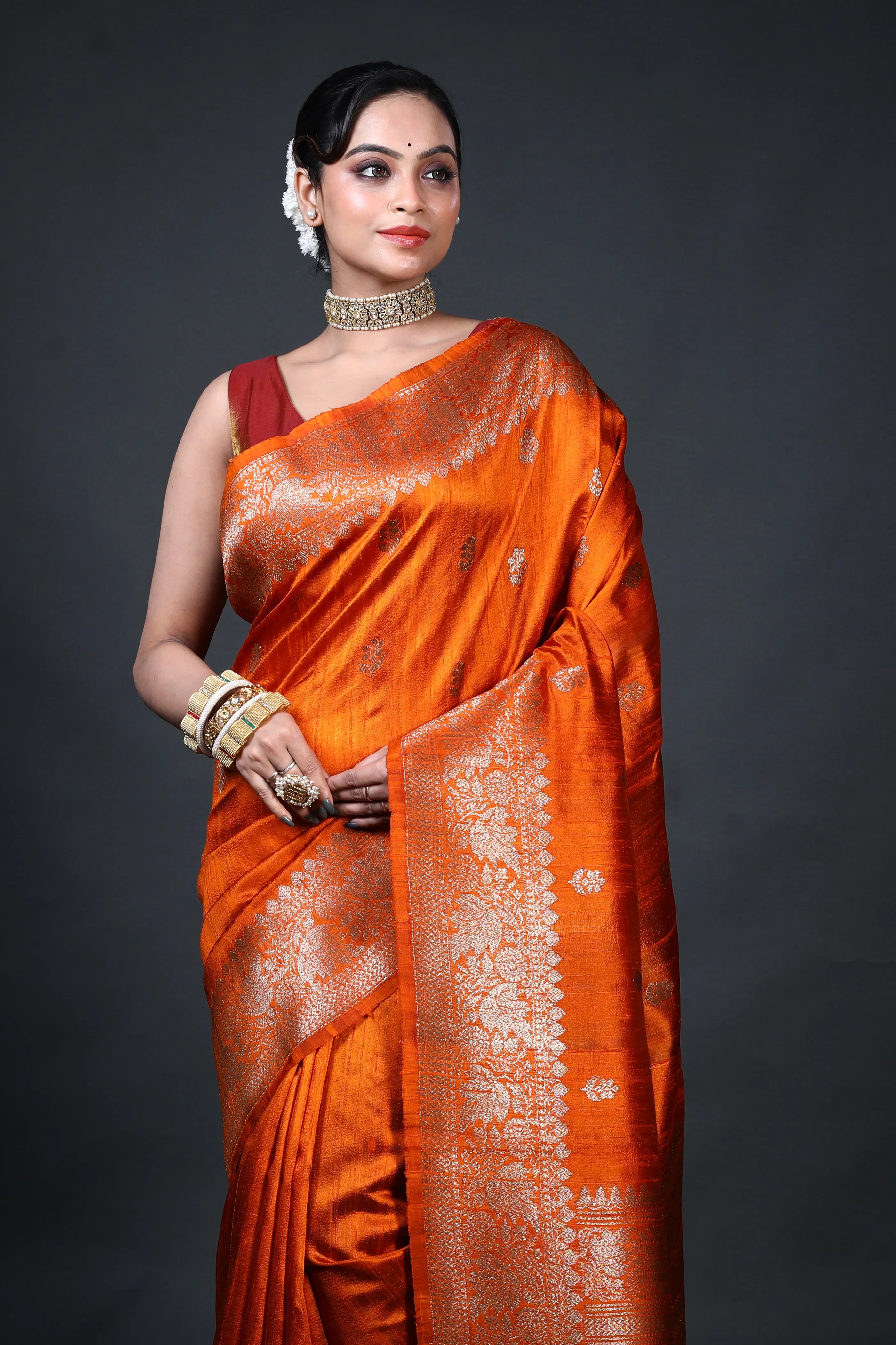 Rust Orange Raw Silk Banarasi Saree With Blouse Piece