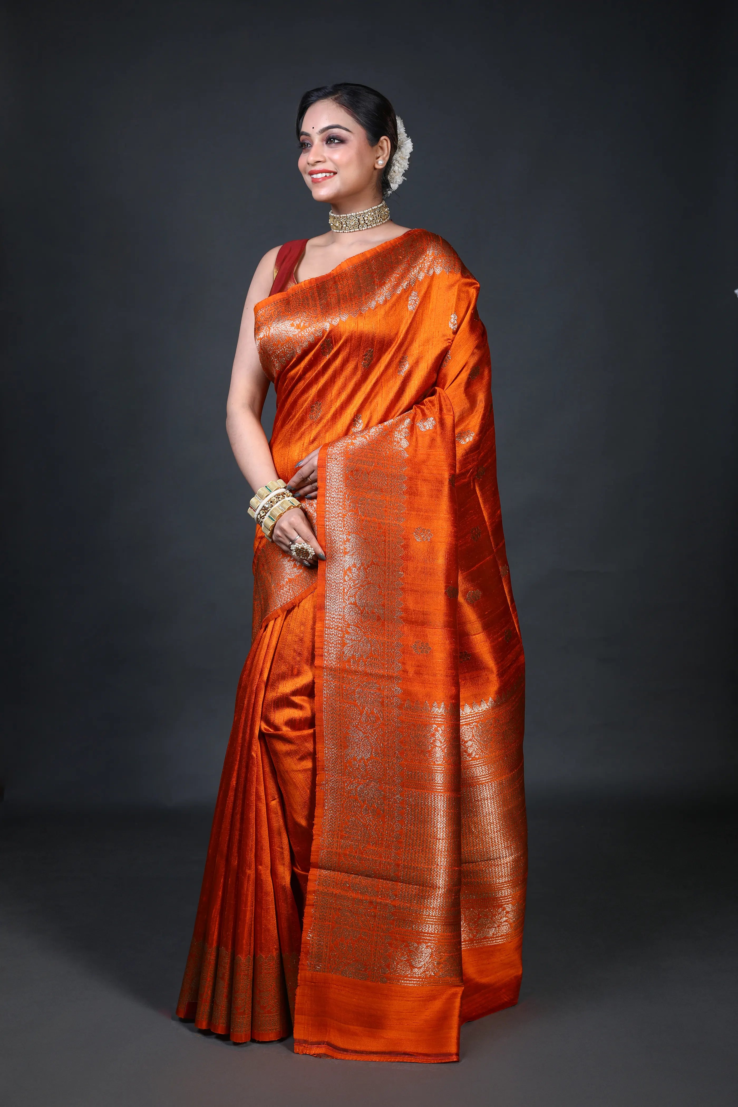 Rust Orange Raw Silk Banarasi Saree With Blouse Piece