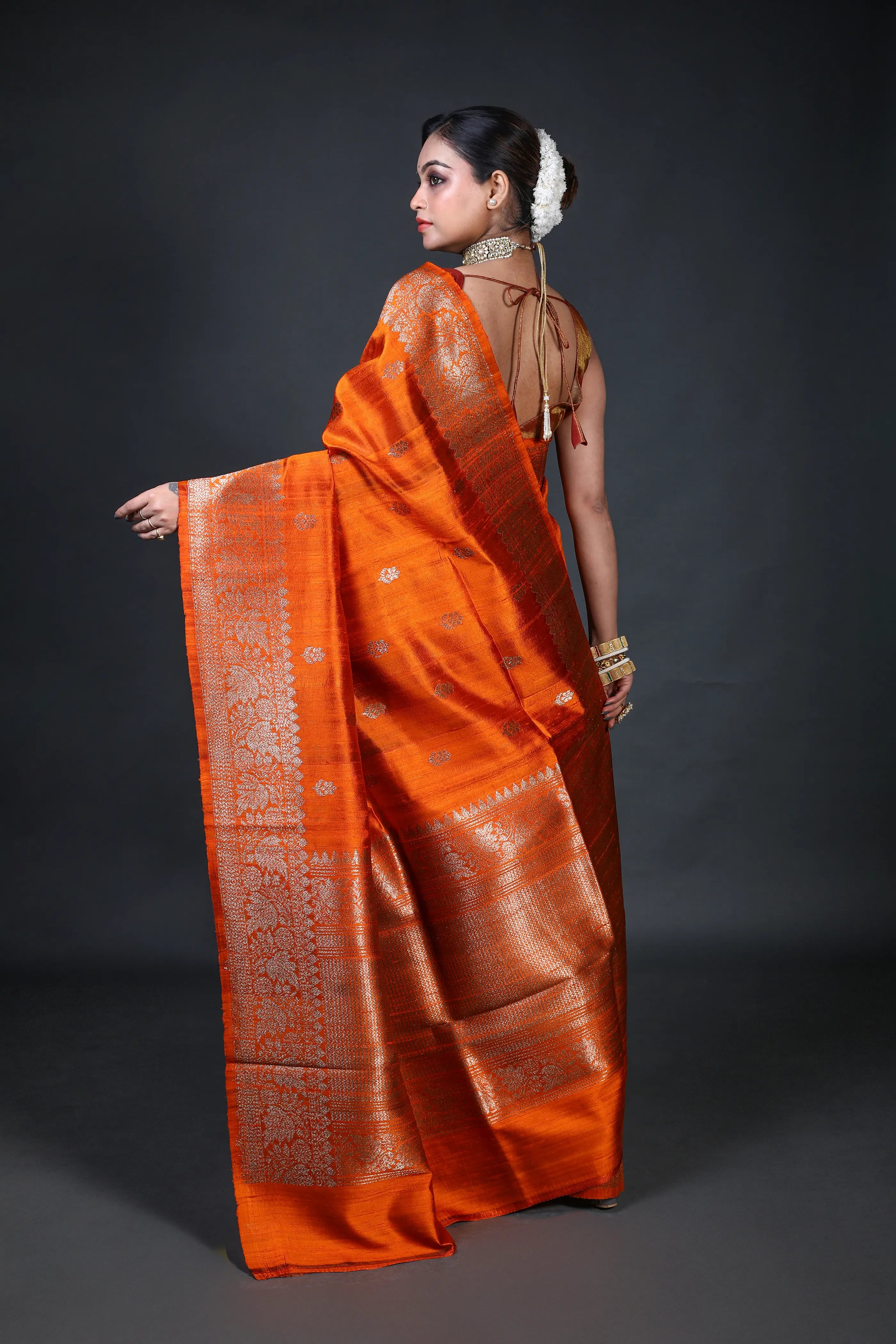 Rust Orange Raw Silk Banarasi Saree With Blouse Piece