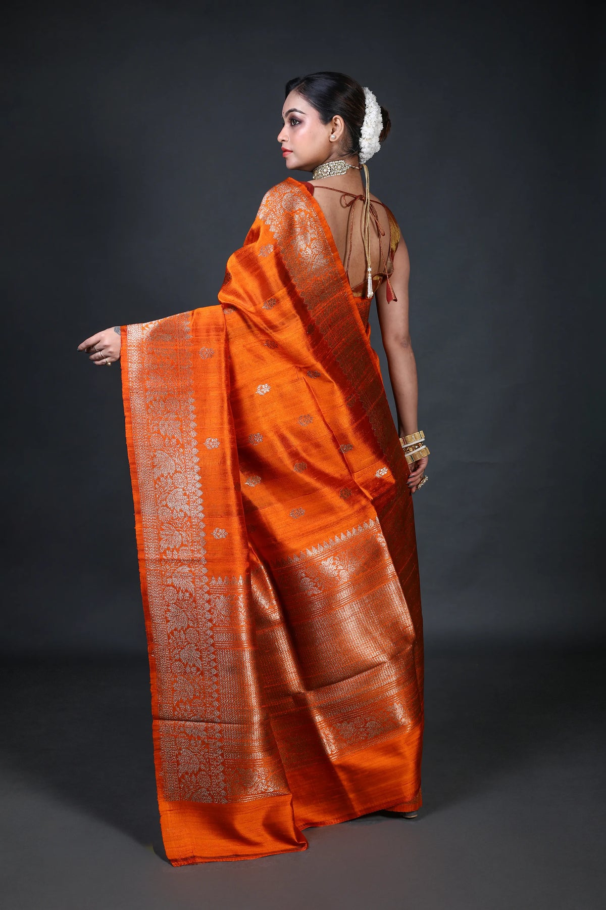 Rust Orange Raw Silk Banarasi Saree With Blouse Piece