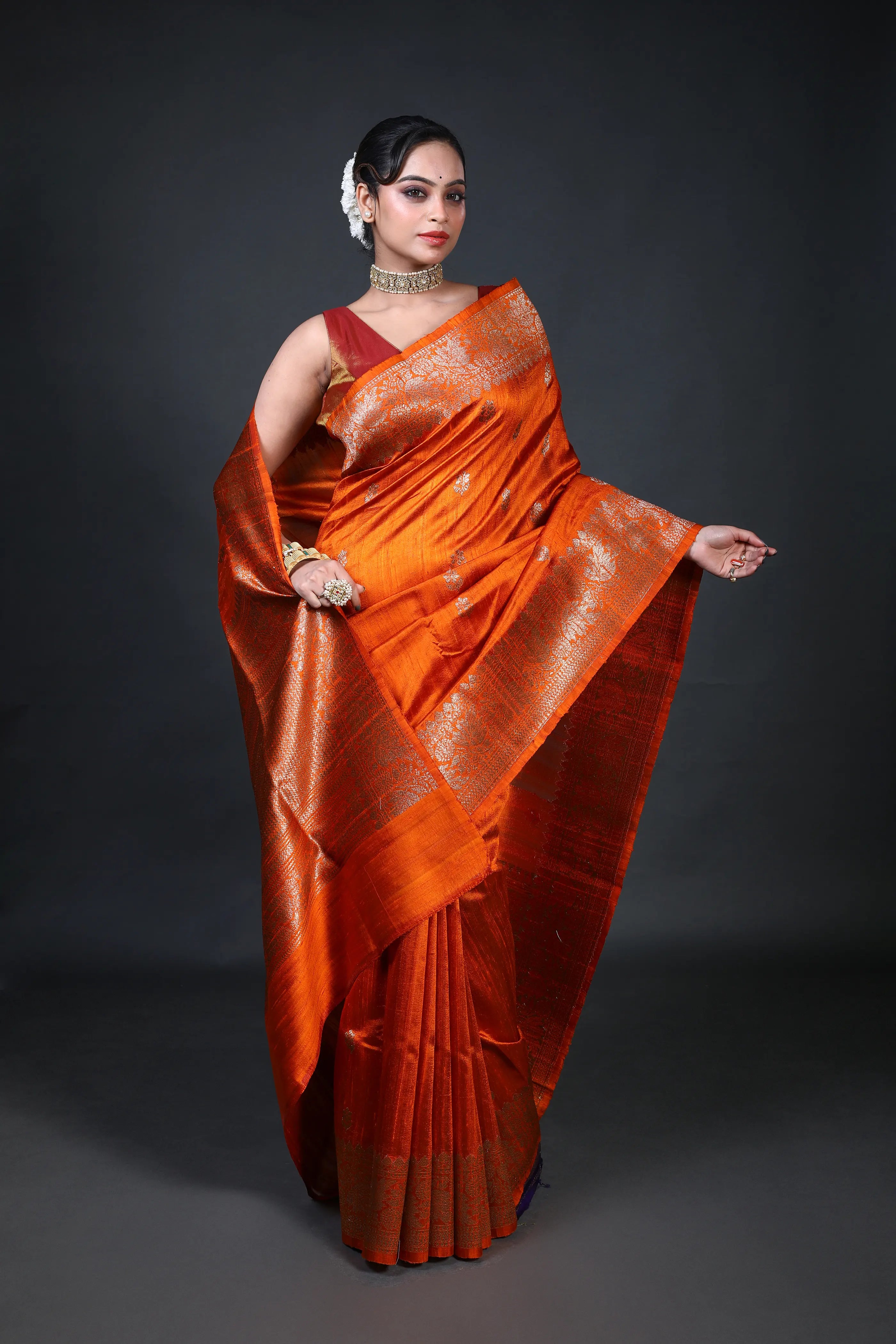 Rust Orange Raw Silk Banarasi Saree With Blouse Piece