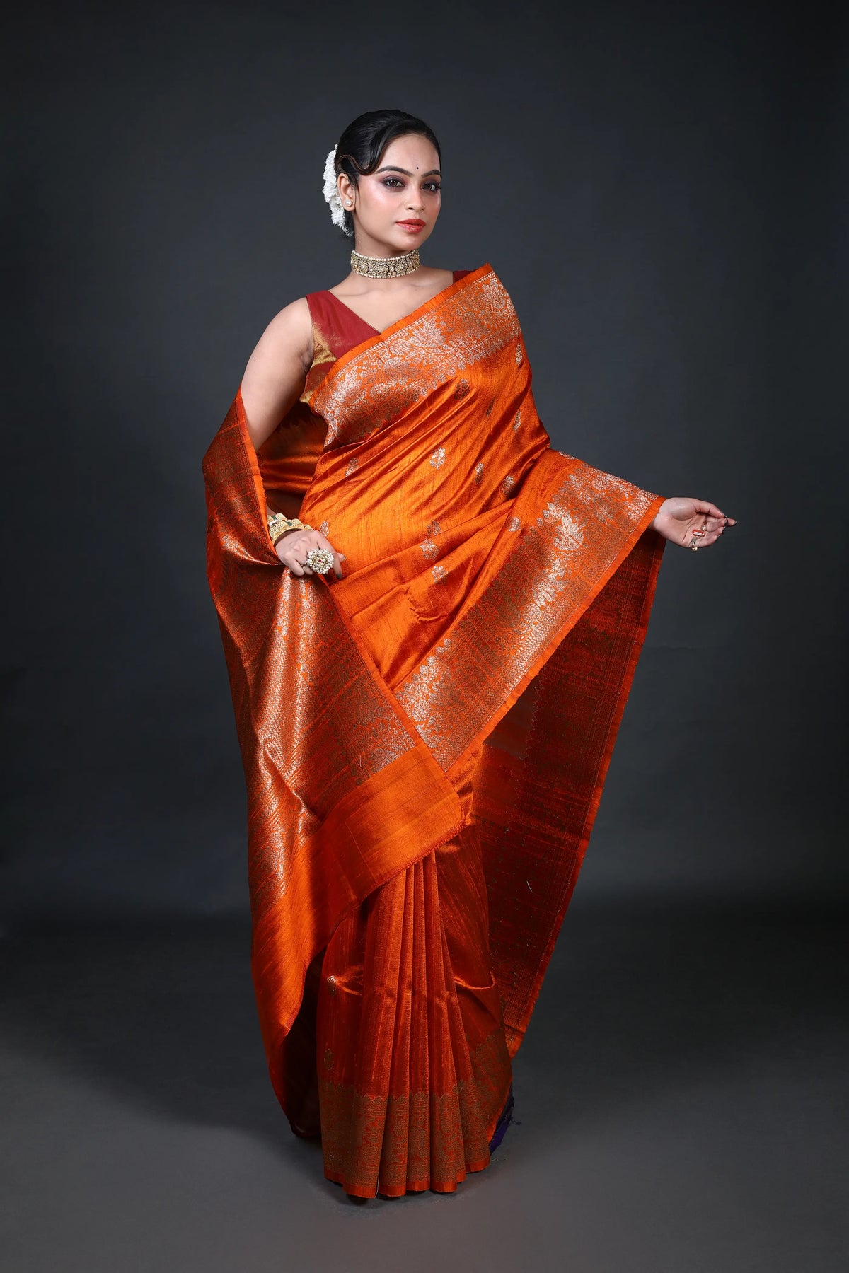 Rust Orange Raw Silk Banarasi Saree With Blouse Piece