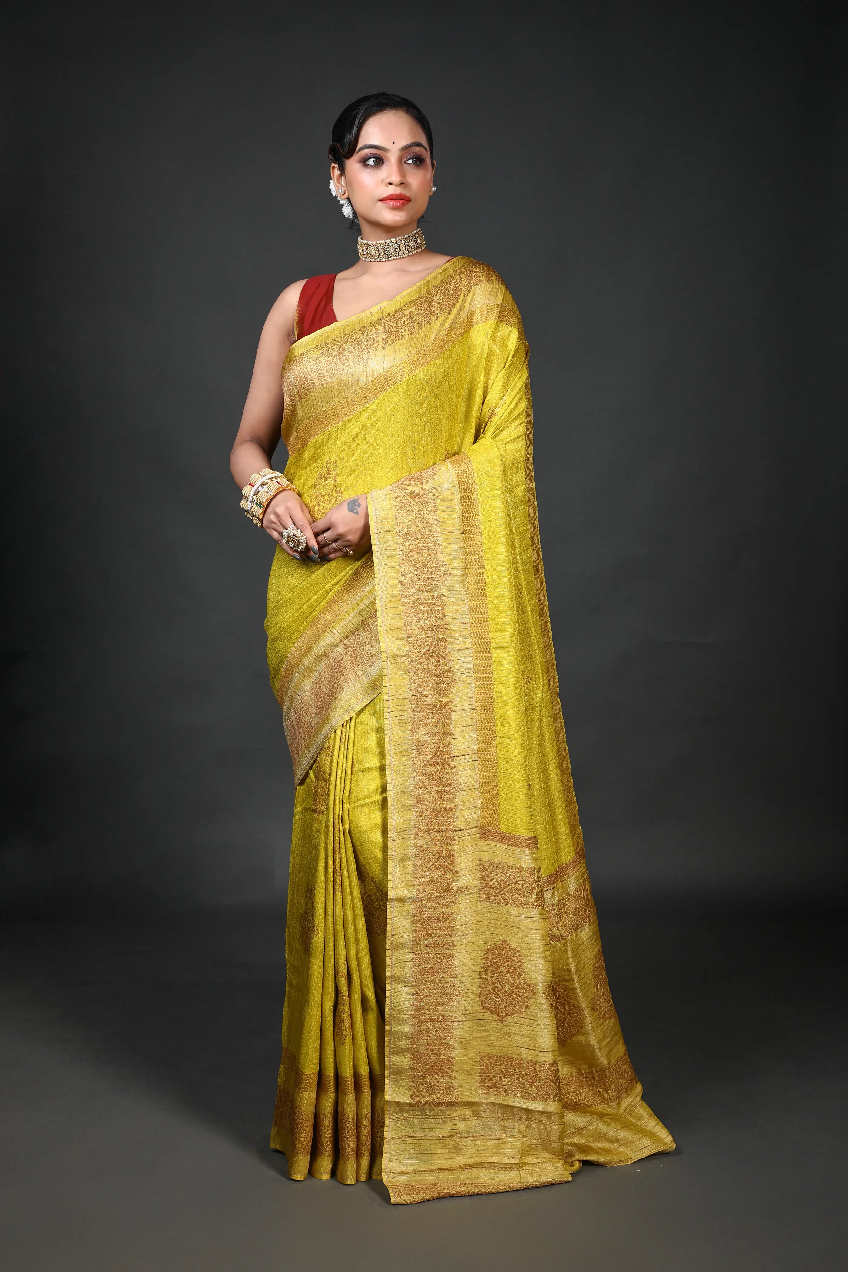Light Olive Green Semi Raw Silk Banarasi Saree With Blouse Piece