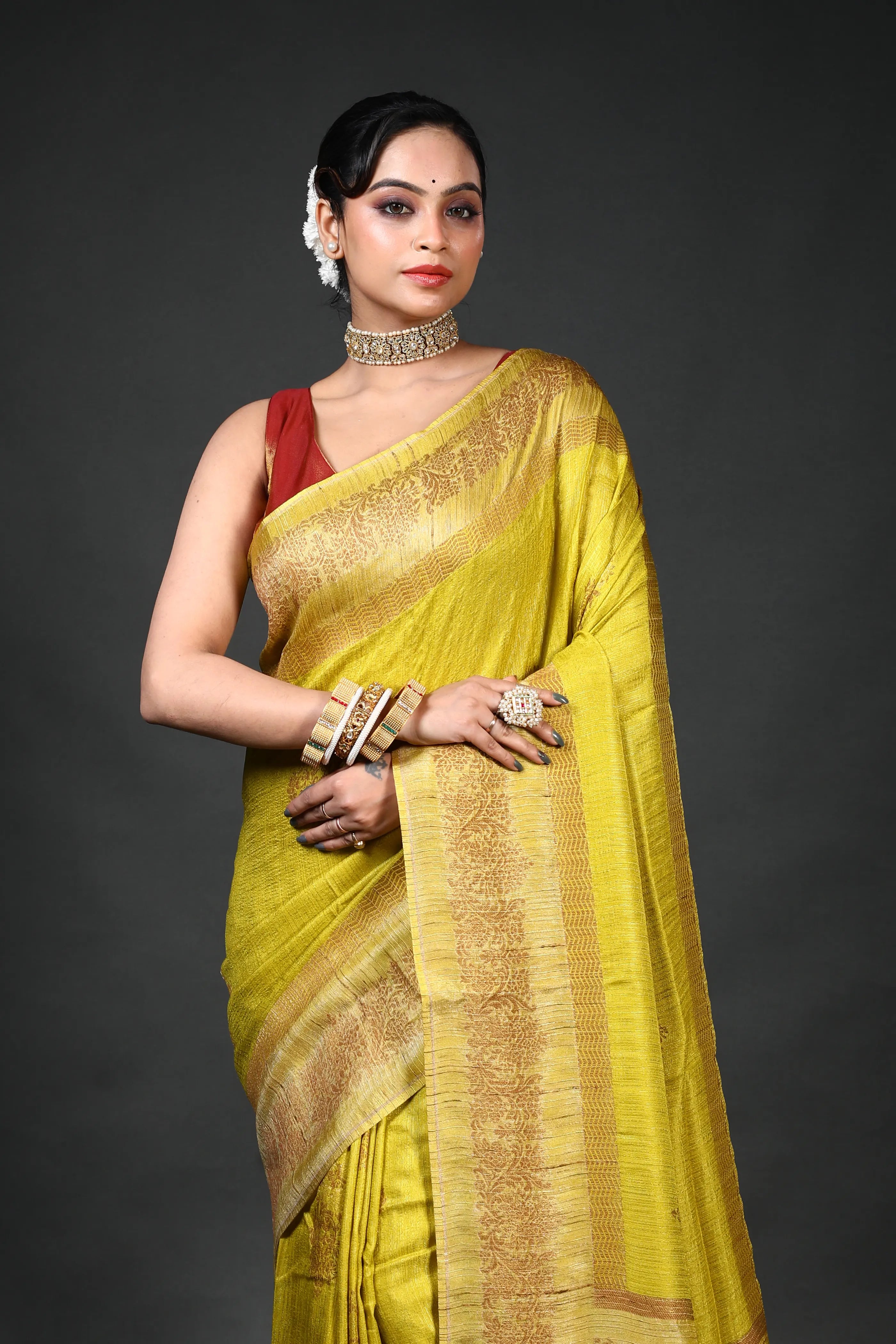Light Olive Green Semi Raw Silk Banarasi Saree With Blouse Piece
