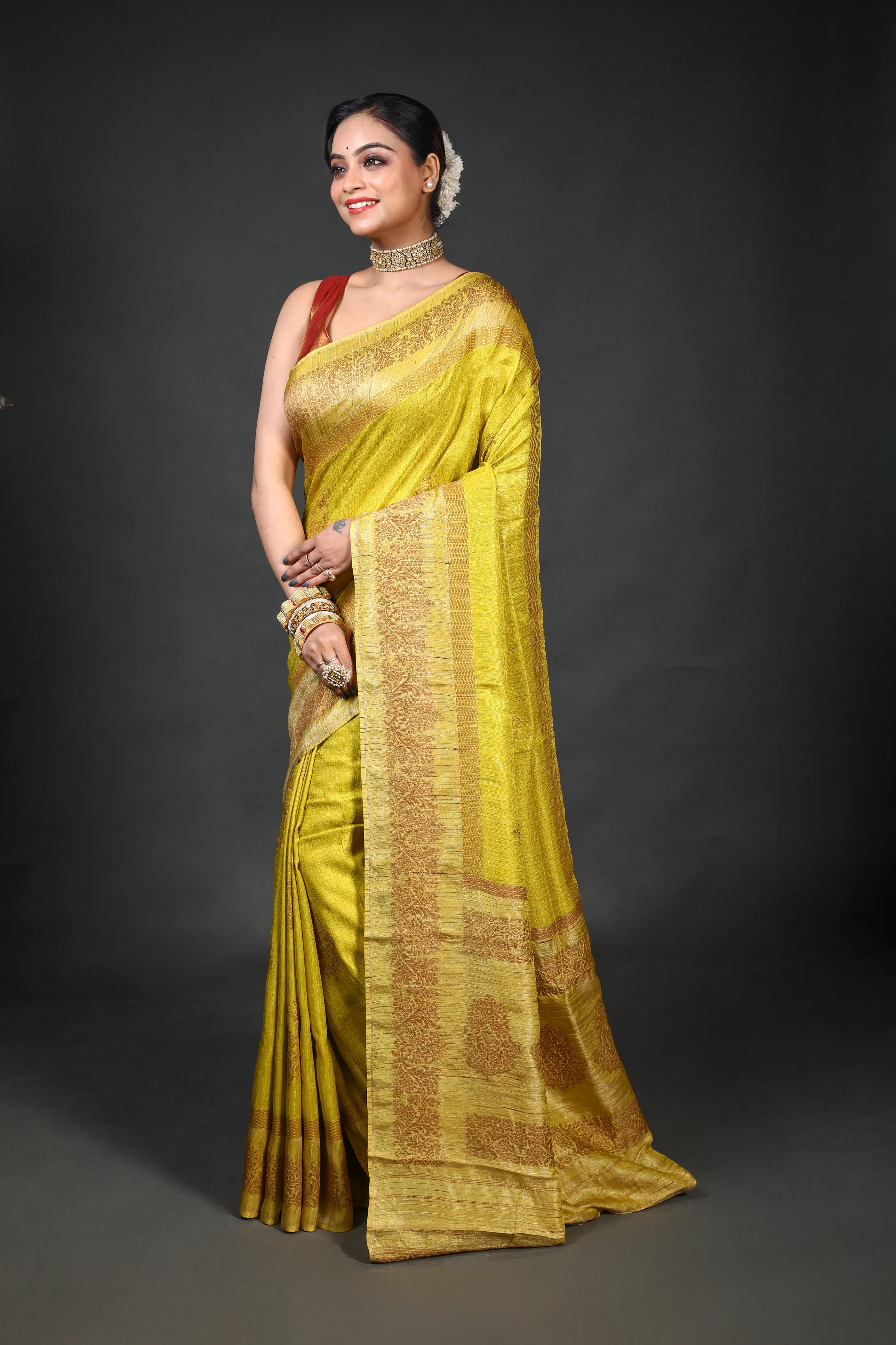 Light Olive Green Semi Raw Silk Banarasi Saree With Blouse Piece