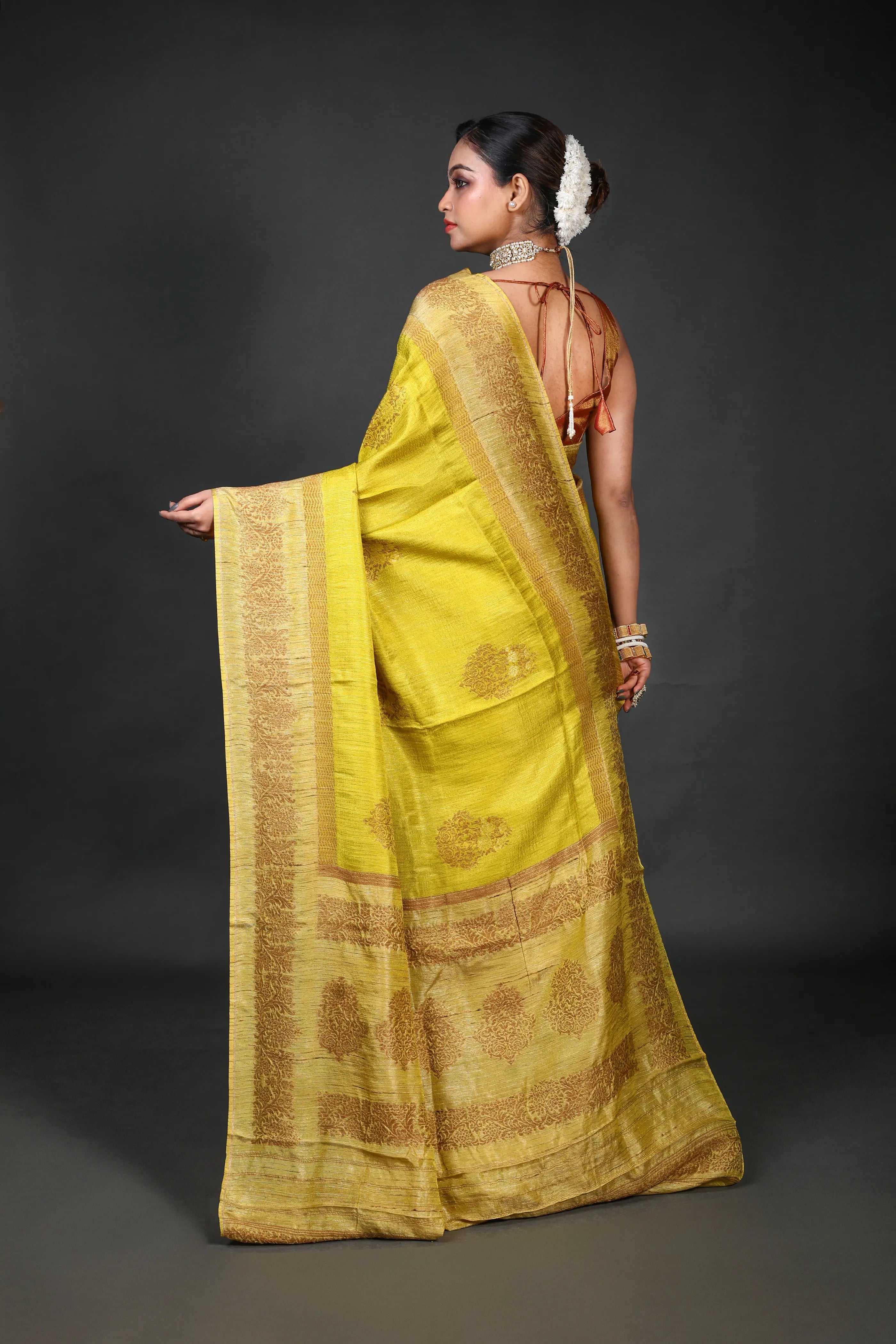 Light Olive Green Semi Raw Silk Banarasi Saree With Blouse Piece