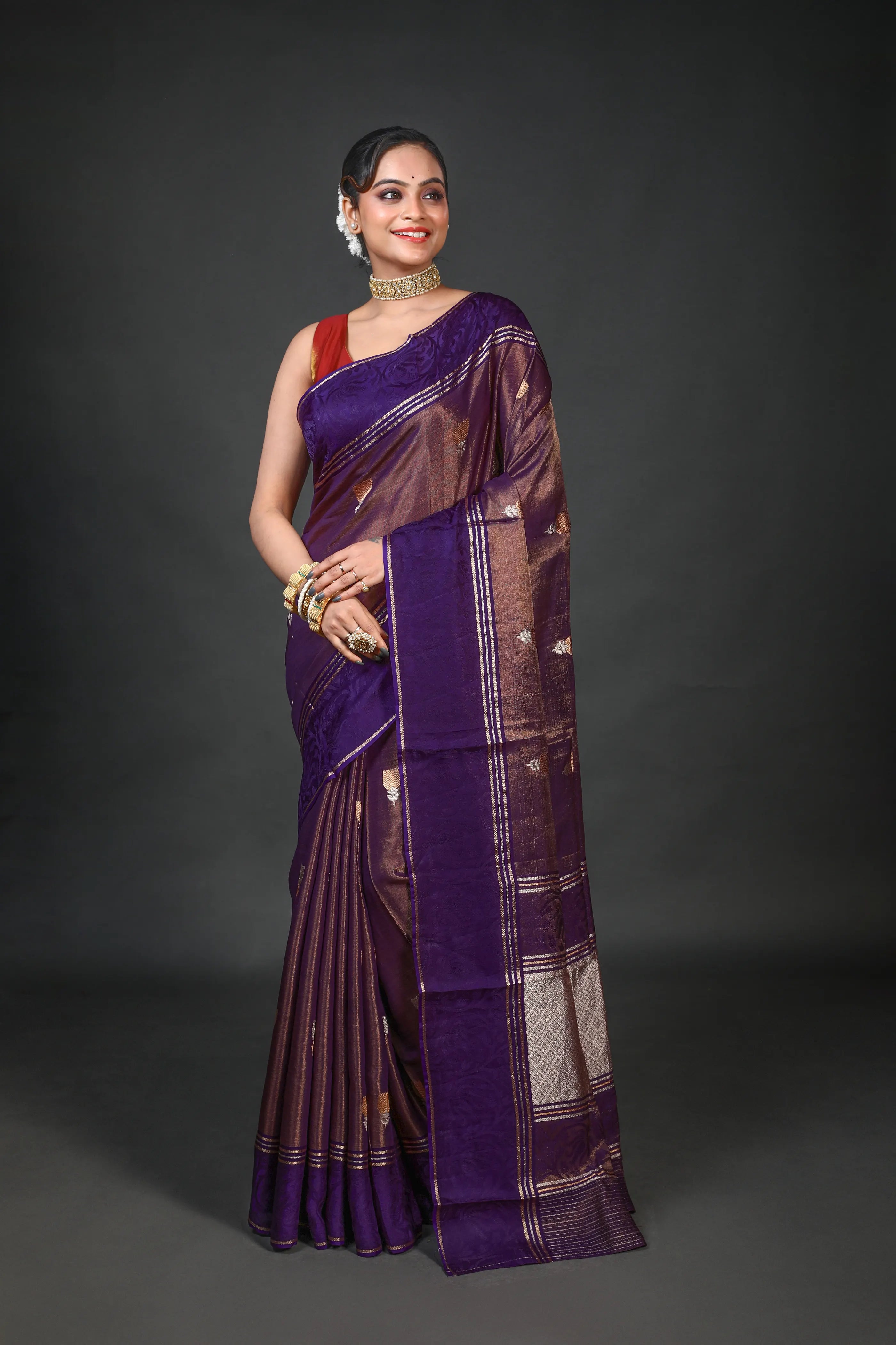 Purple Semi Tissue Mashru Saree With Blouse Piece