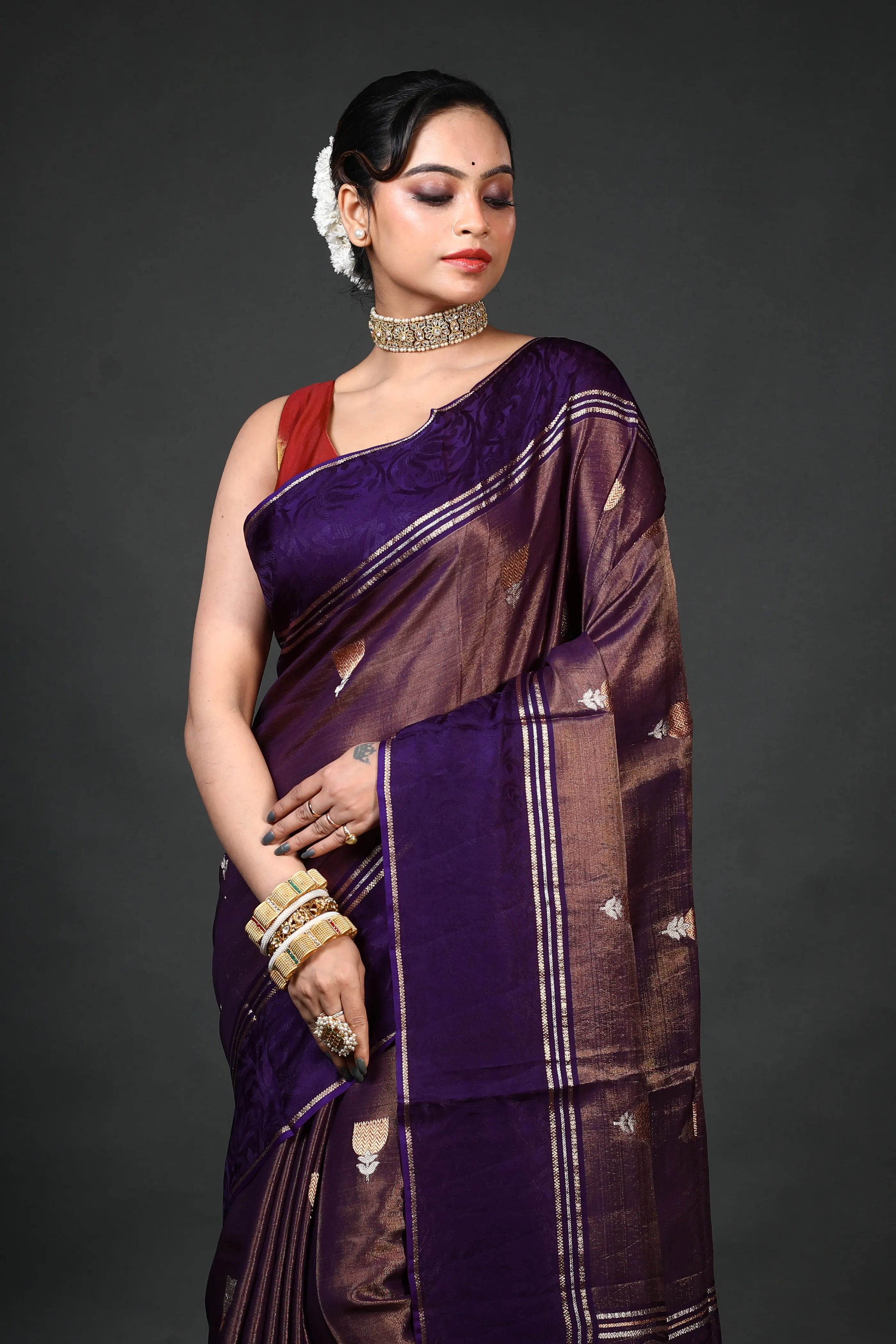 Purple Semi Tissue Mashru Saree With Blouse Piece