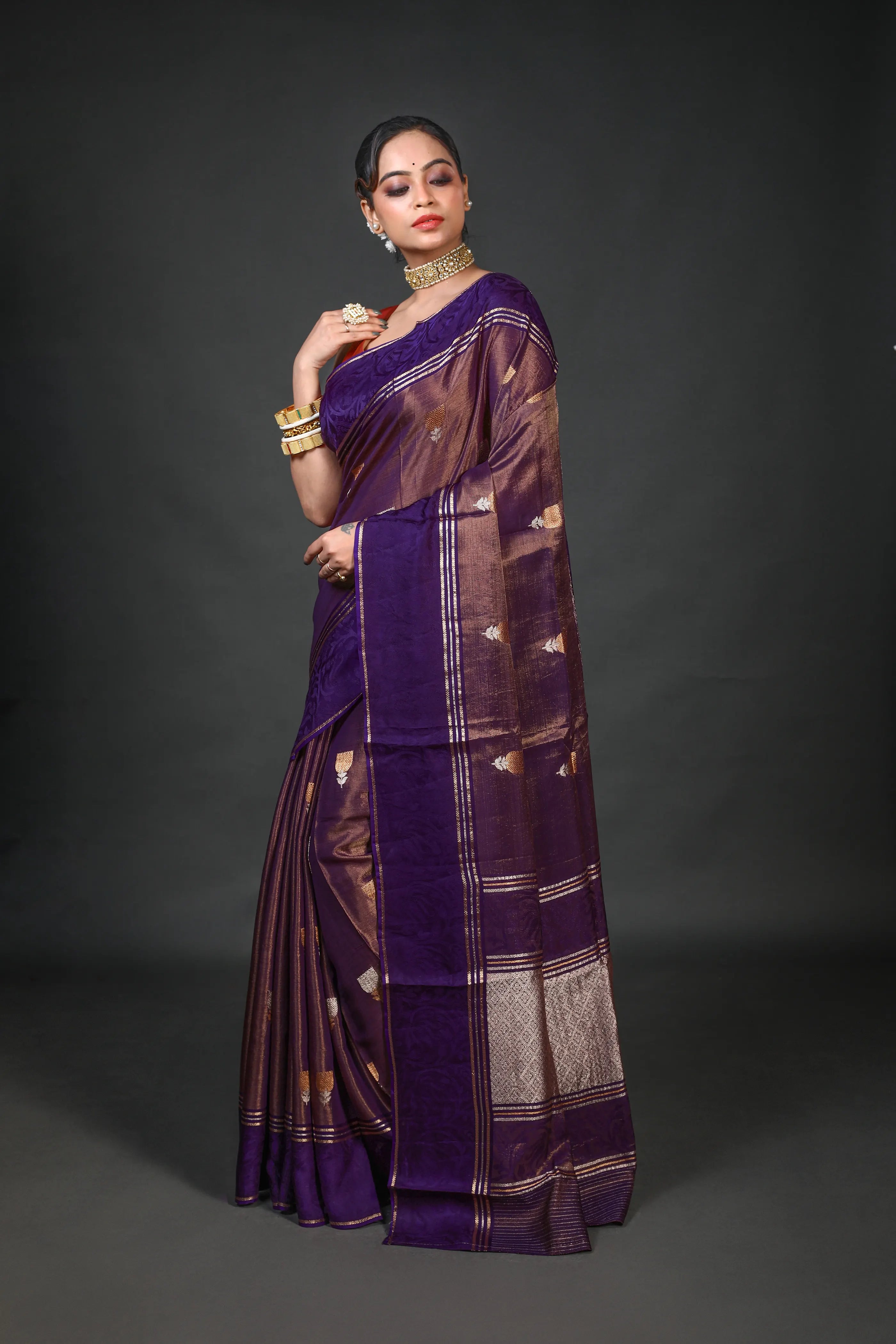 Purple Semi Tissue Mashru Saree With Blouse Piece