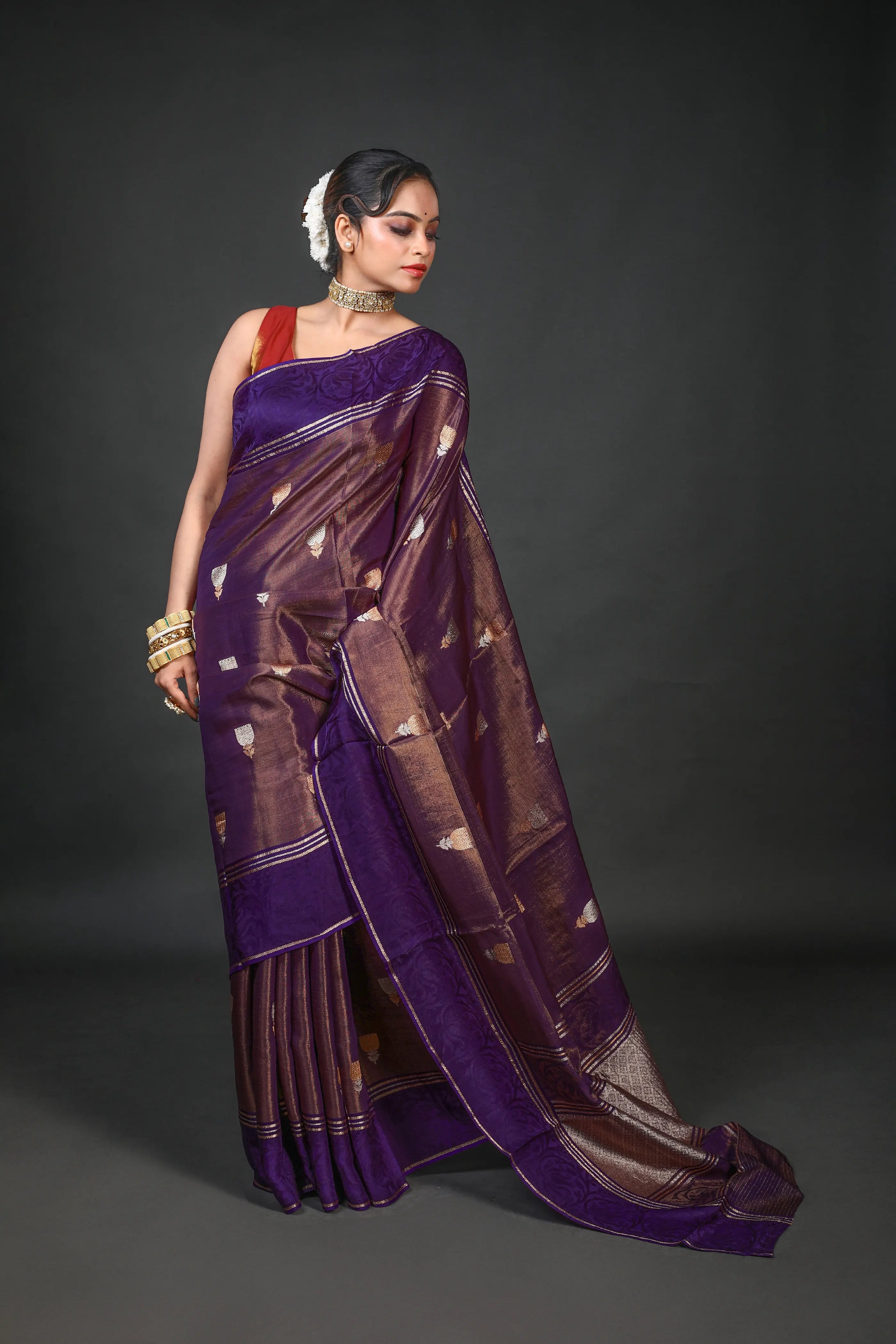 Purple Semi Tissue Mashru Saree With Blouse Piece