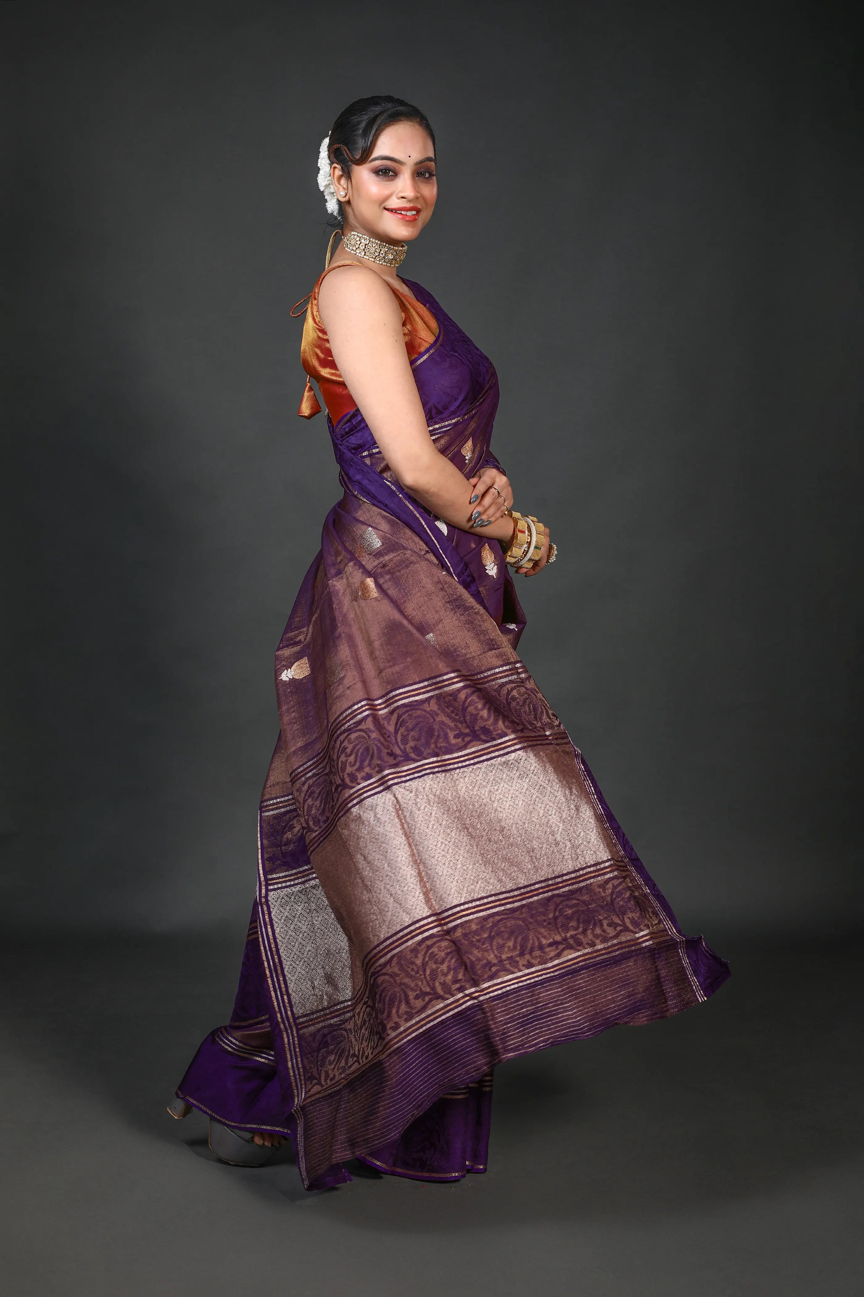 Purple Semi Tissue Mashru Saree With Blouse Piece