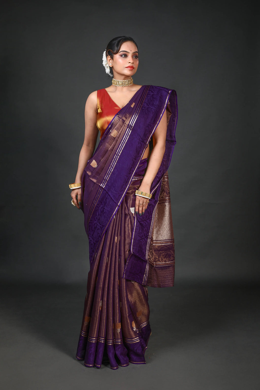 Purple Semi Tissue Mashru Saree With Blouse Piece