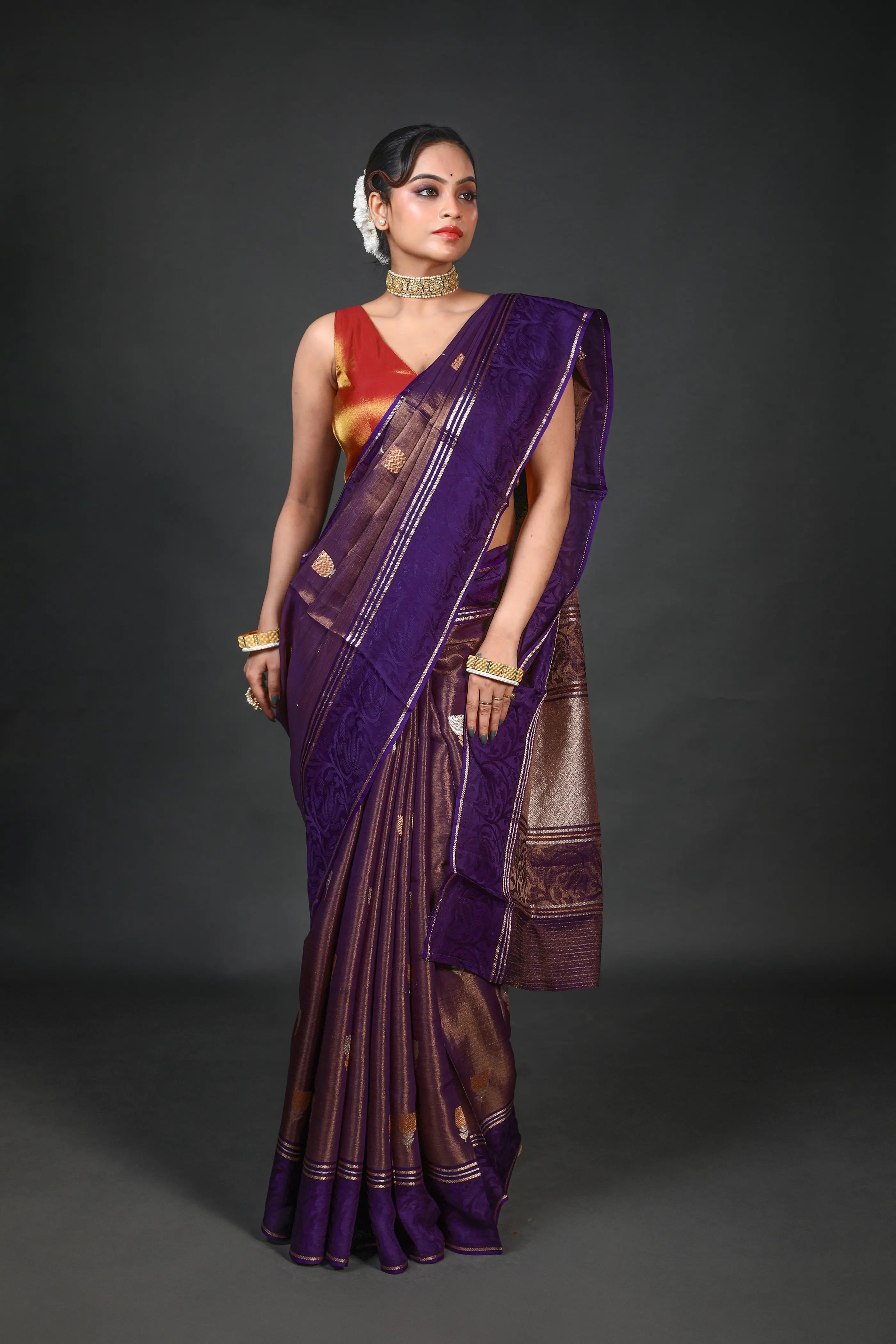 Purple Semi Tissue Mashru Saree With Blouse Piece