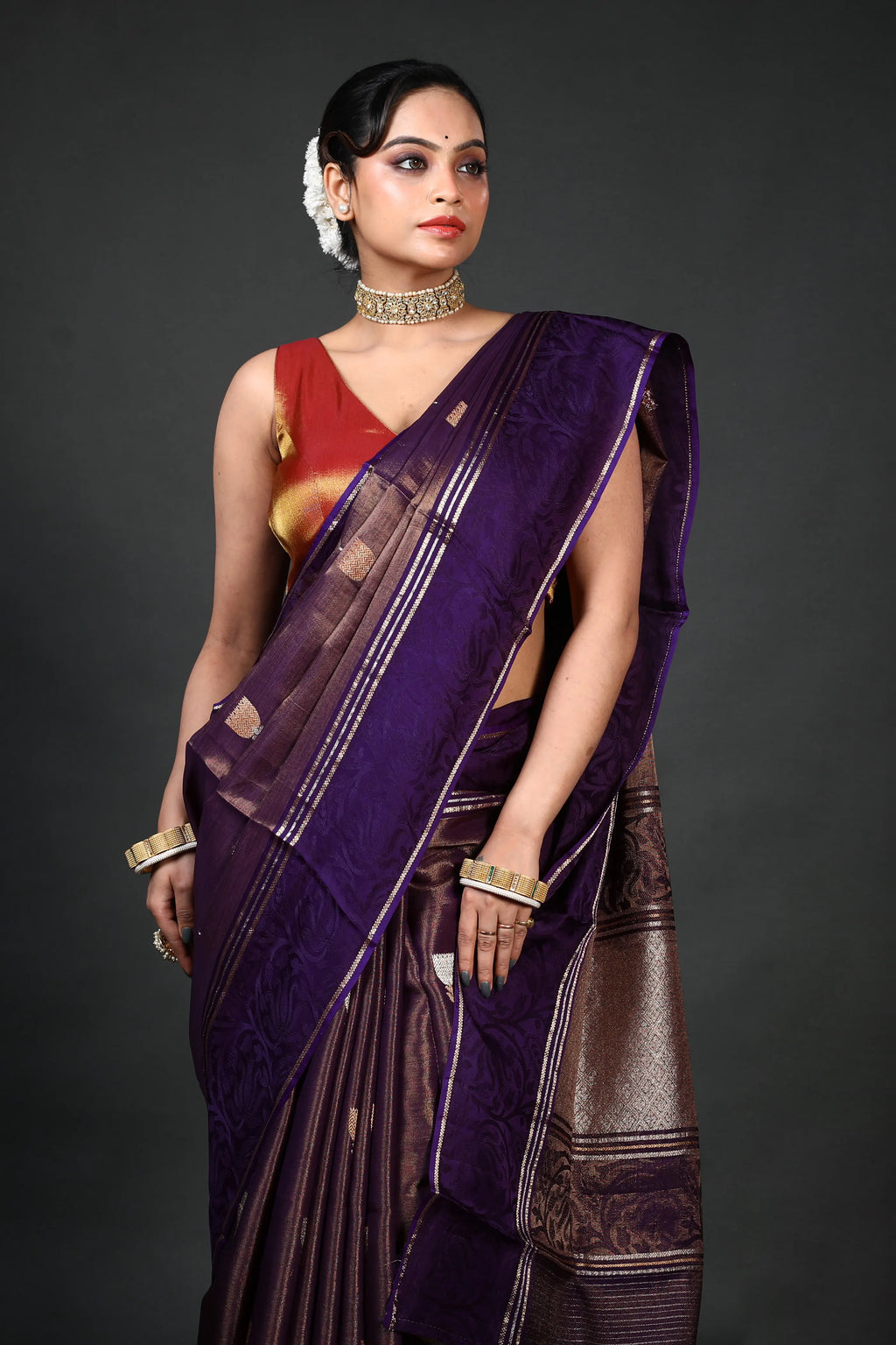 Purple Semi Tissue Mashru Saree With Blouse Piece