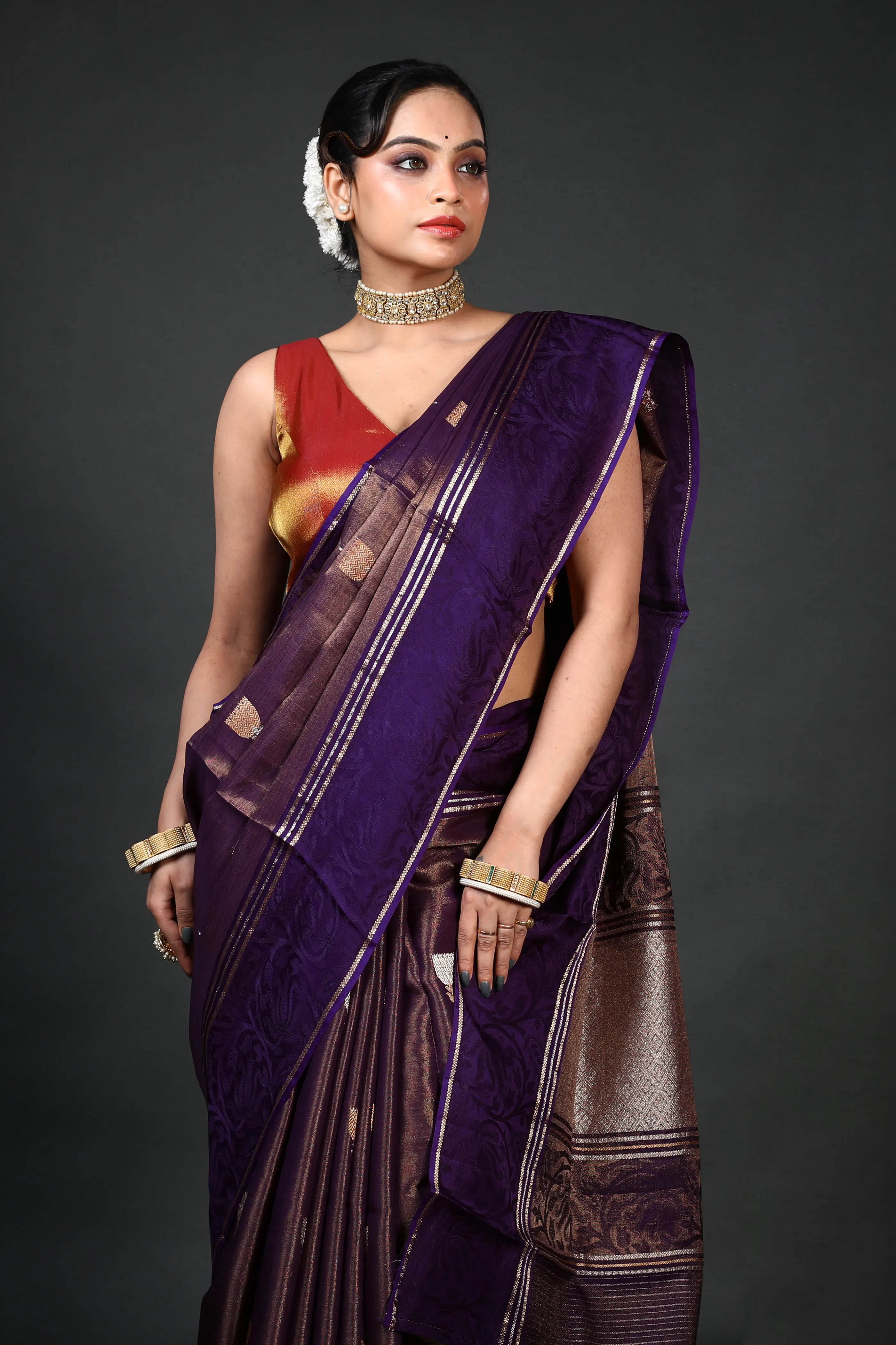 Purple Semi Tissue Mashru Saree With Blouse Piece