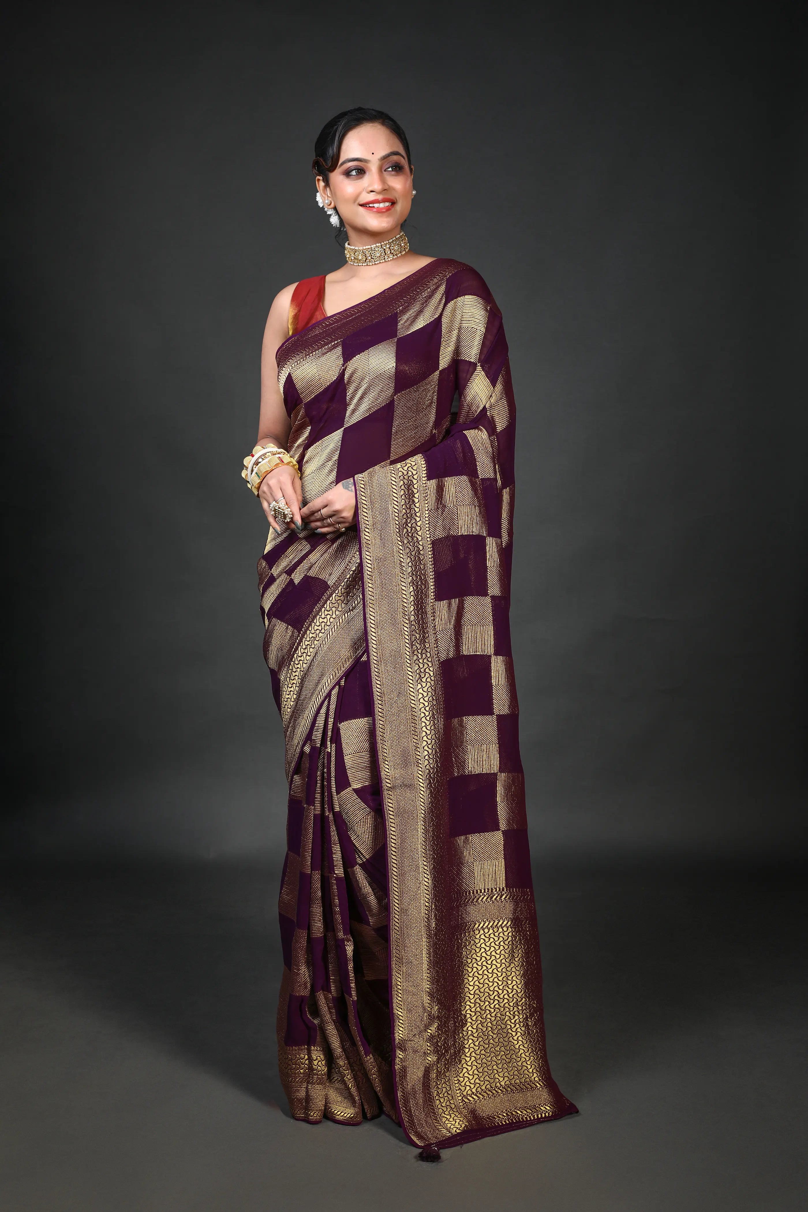 Wine Georgette Banarasi Saree With Blouse Piece