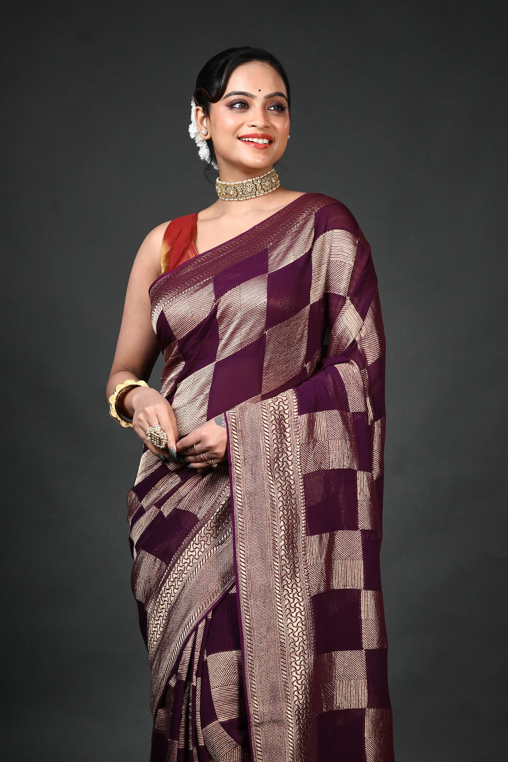 Wine Georgette Banarasi Saree With Blouse Piece