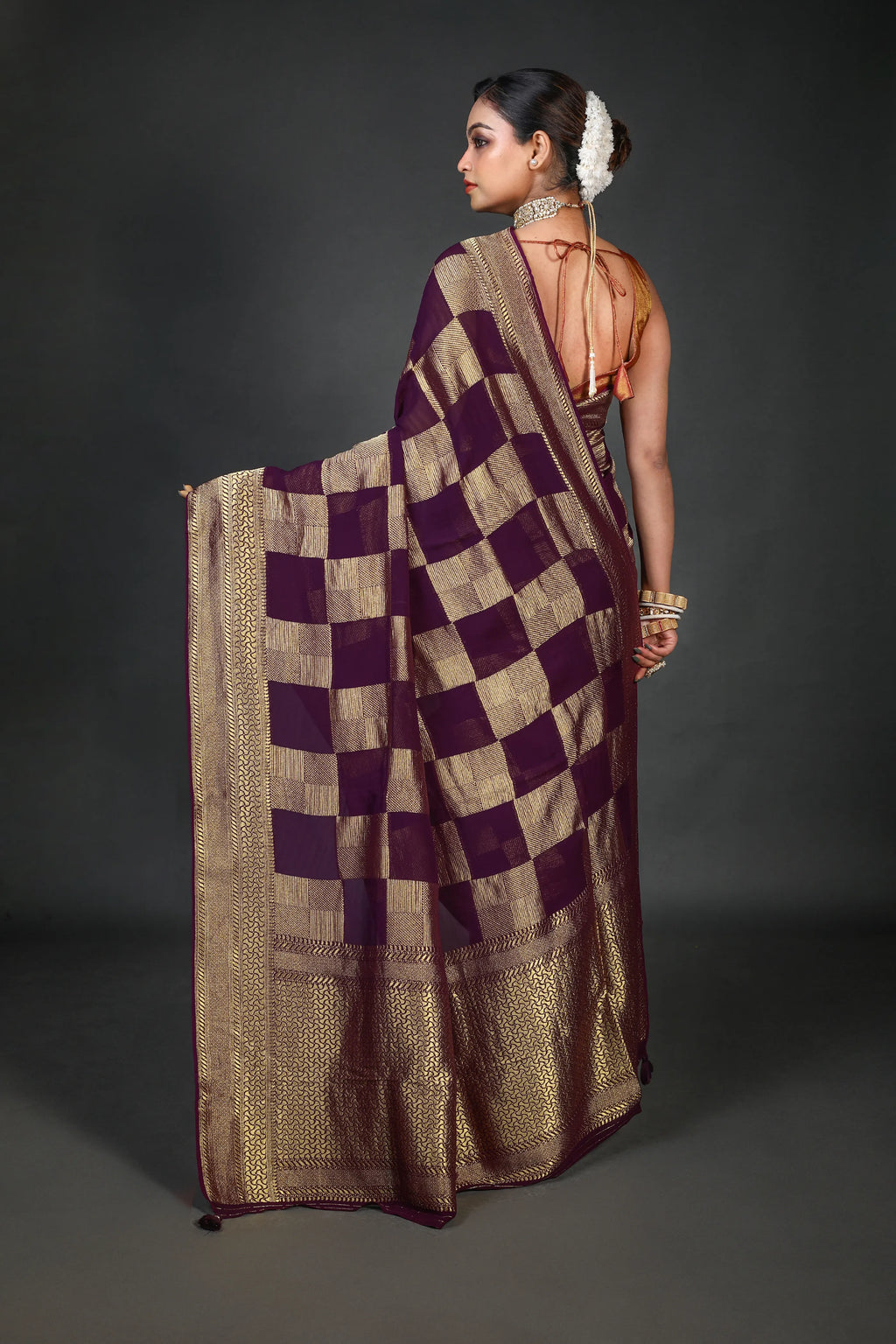 Wine Georgette Banarasi Saree With Blouse Piece