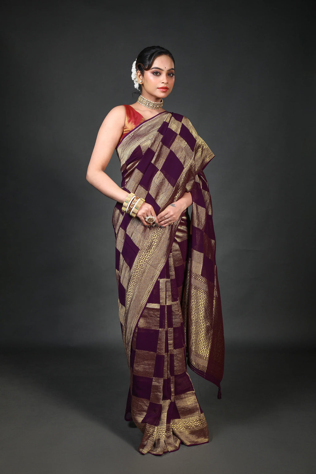 Wine Georgette Banarasi Saree With Blouse Piece