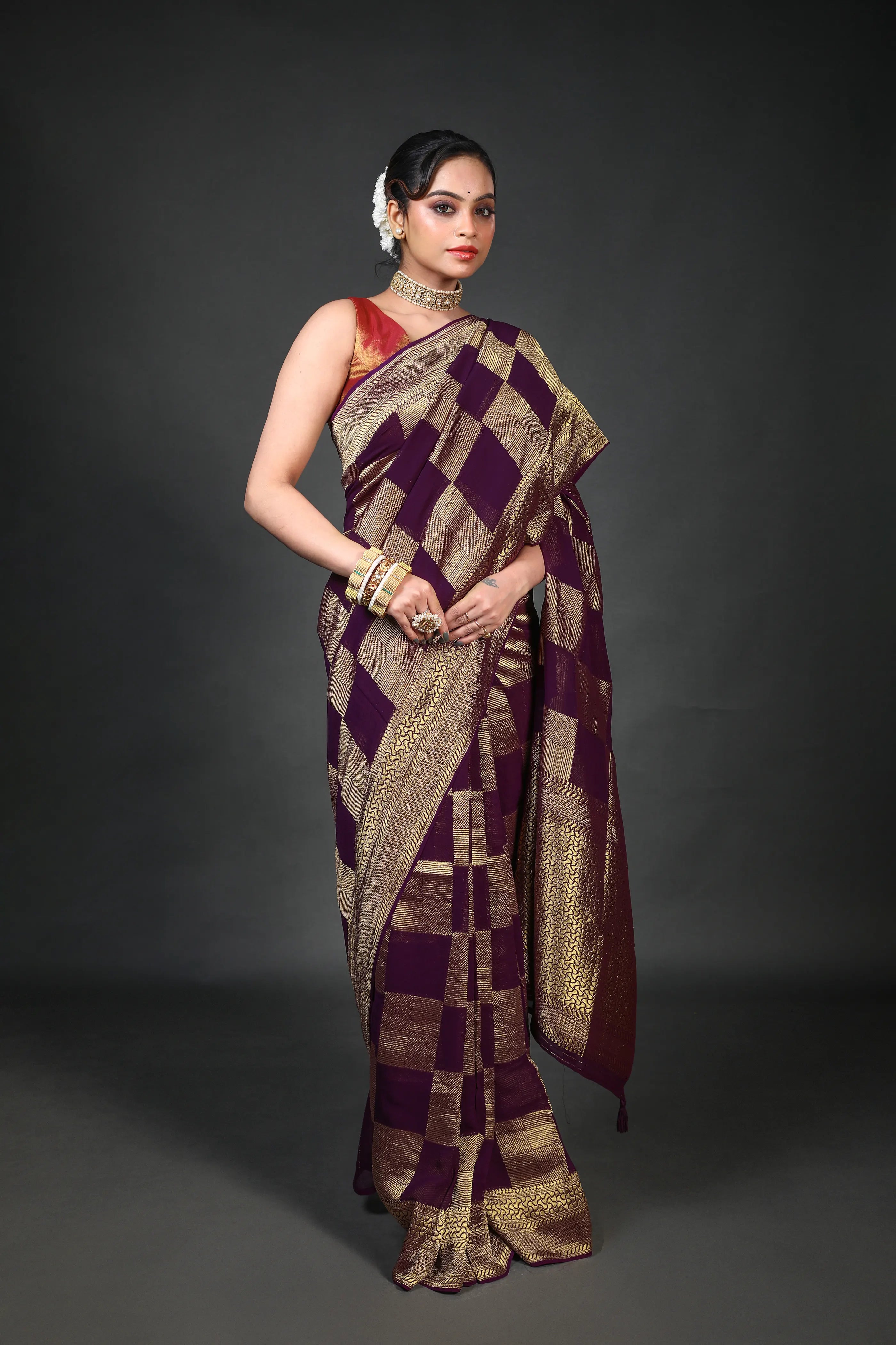 Wine Georgette Banarasi Saree With Blouse Piece