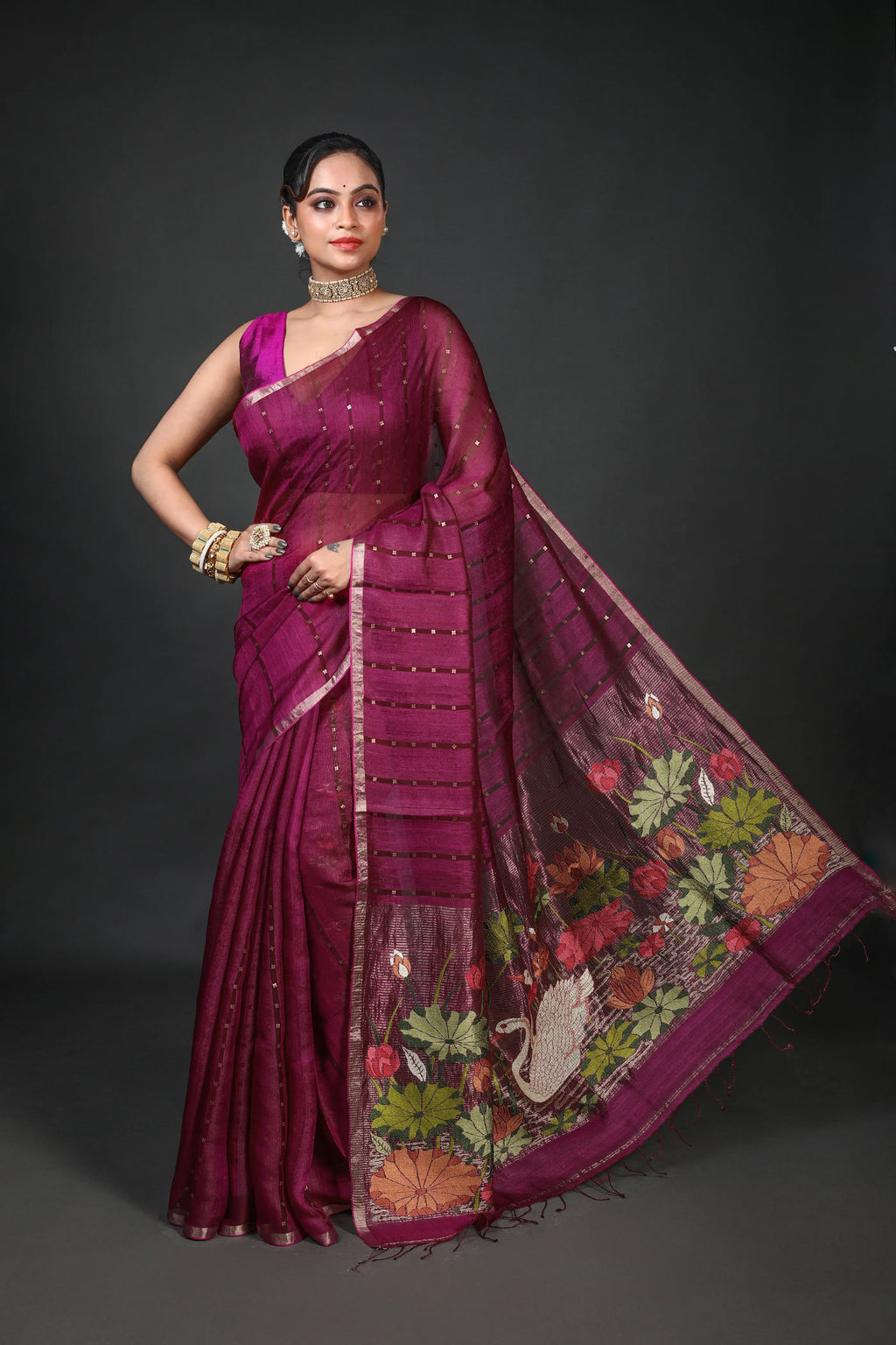 Wine Tussar Muslin Saree With Blouse Piece
