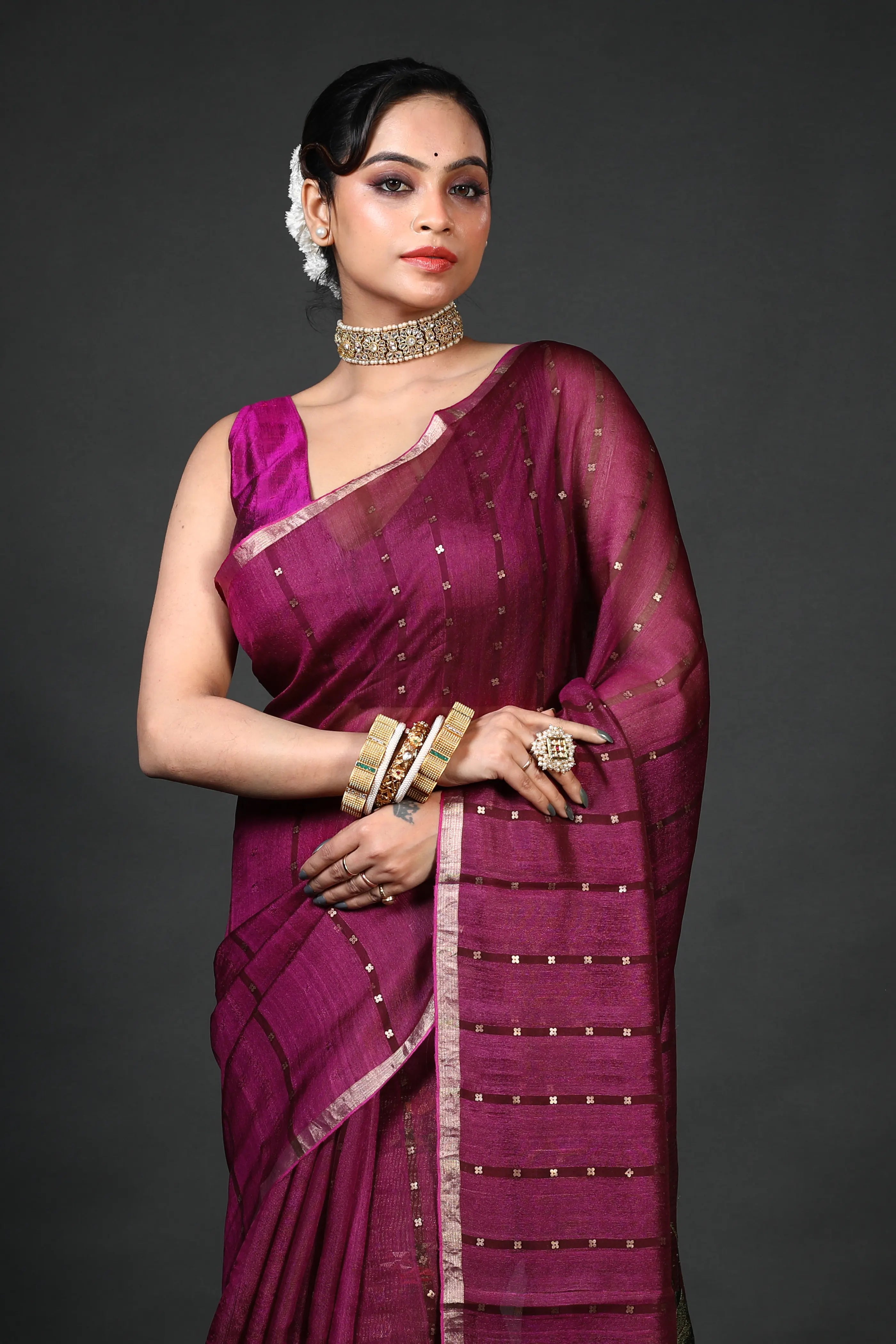 Wine Tussar Muslin Saree With Blouse Piece