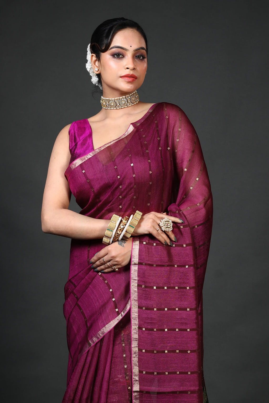 Wine Tussar Muslin Saree With Blouse Piece