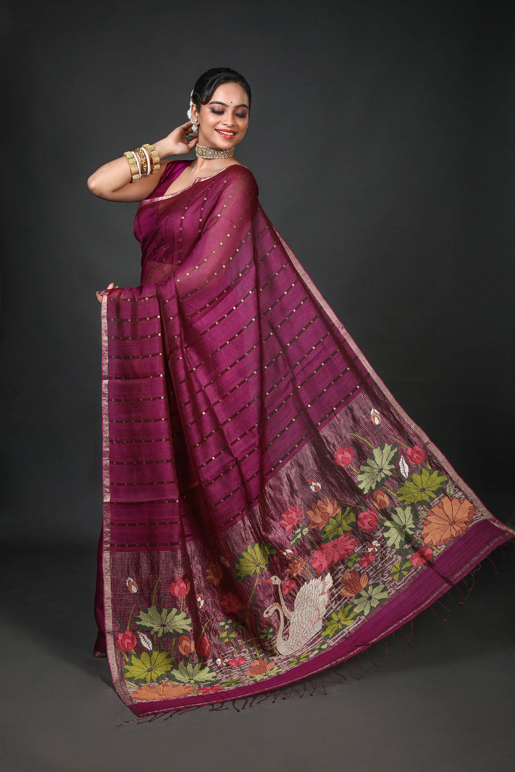 Wine Tussar Muslin Saree With Blouse Piece