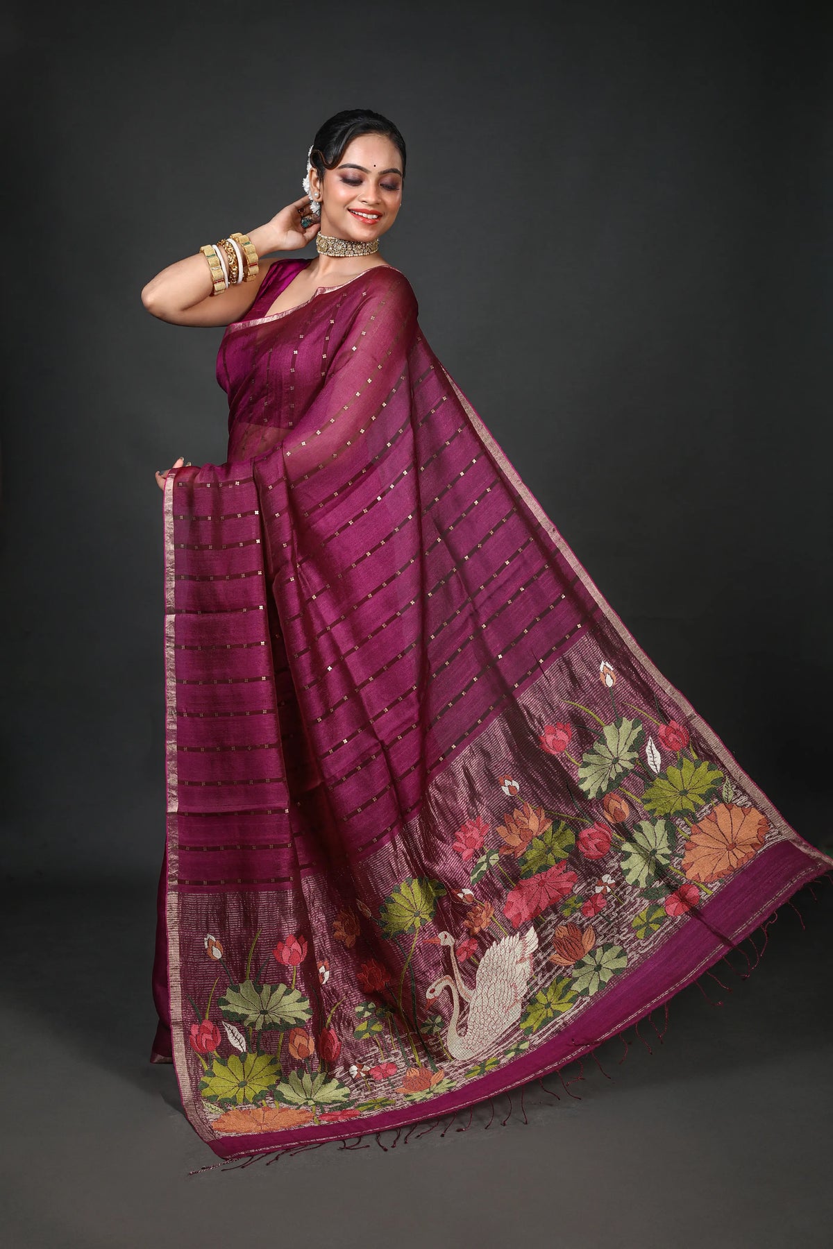 Wine Tussar Muslin Saree With Blouse Piece
