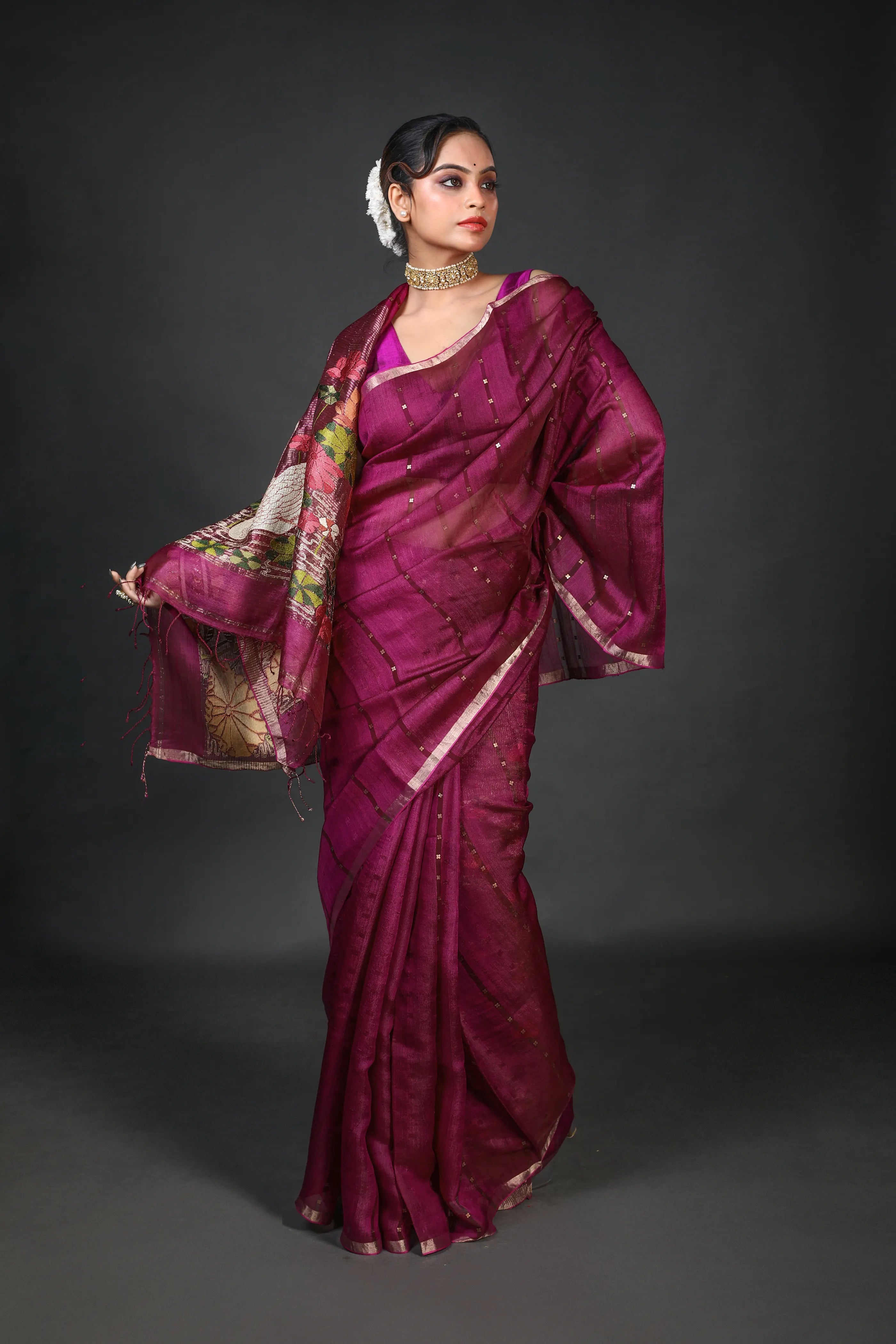 Wine Tussar Muslin Saree With Blouse Piece
