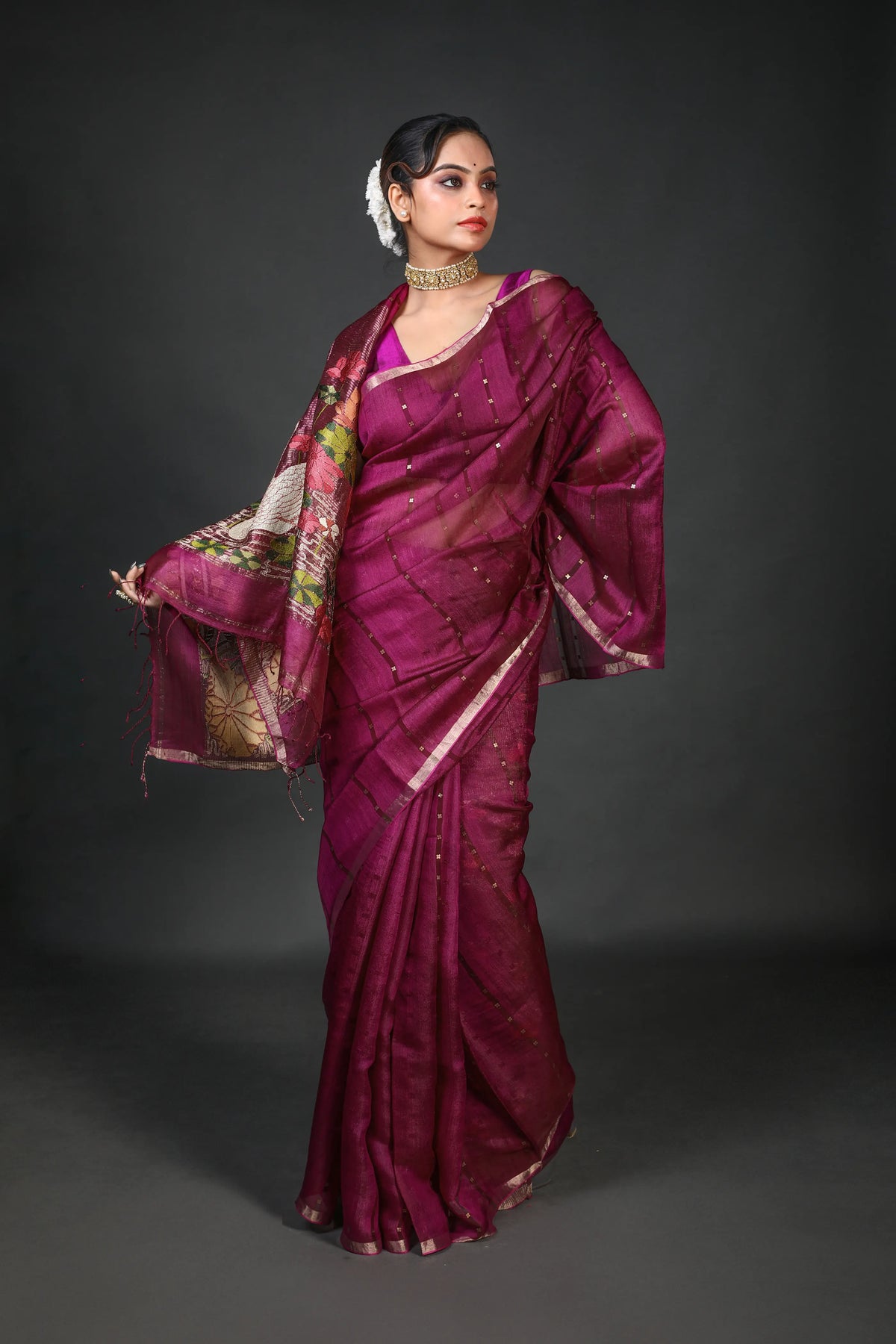 Wine Tussar Muslin Saree With Blouse Piece