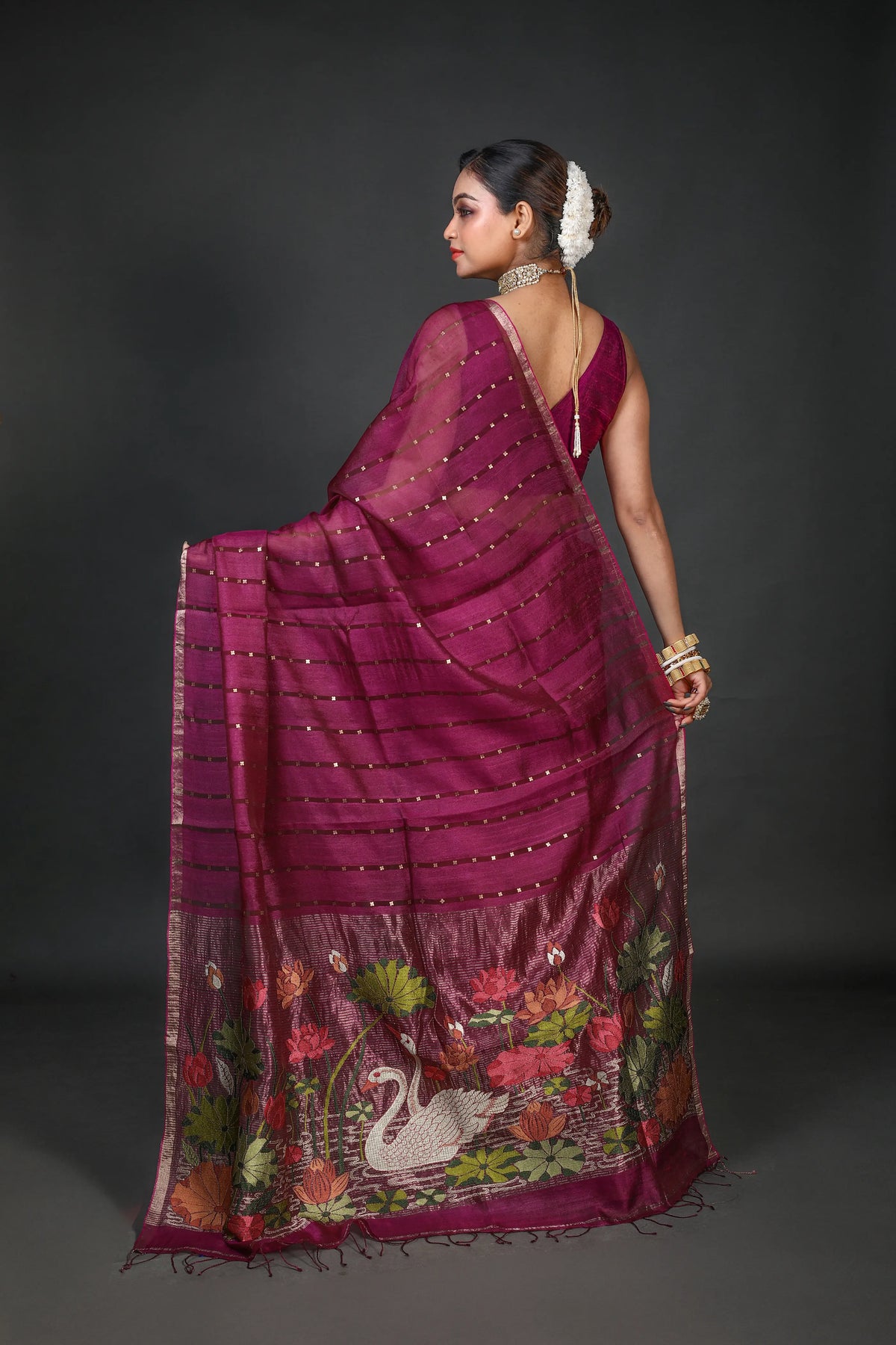 Wine Tussar Muslin Saree With Blouse Piece