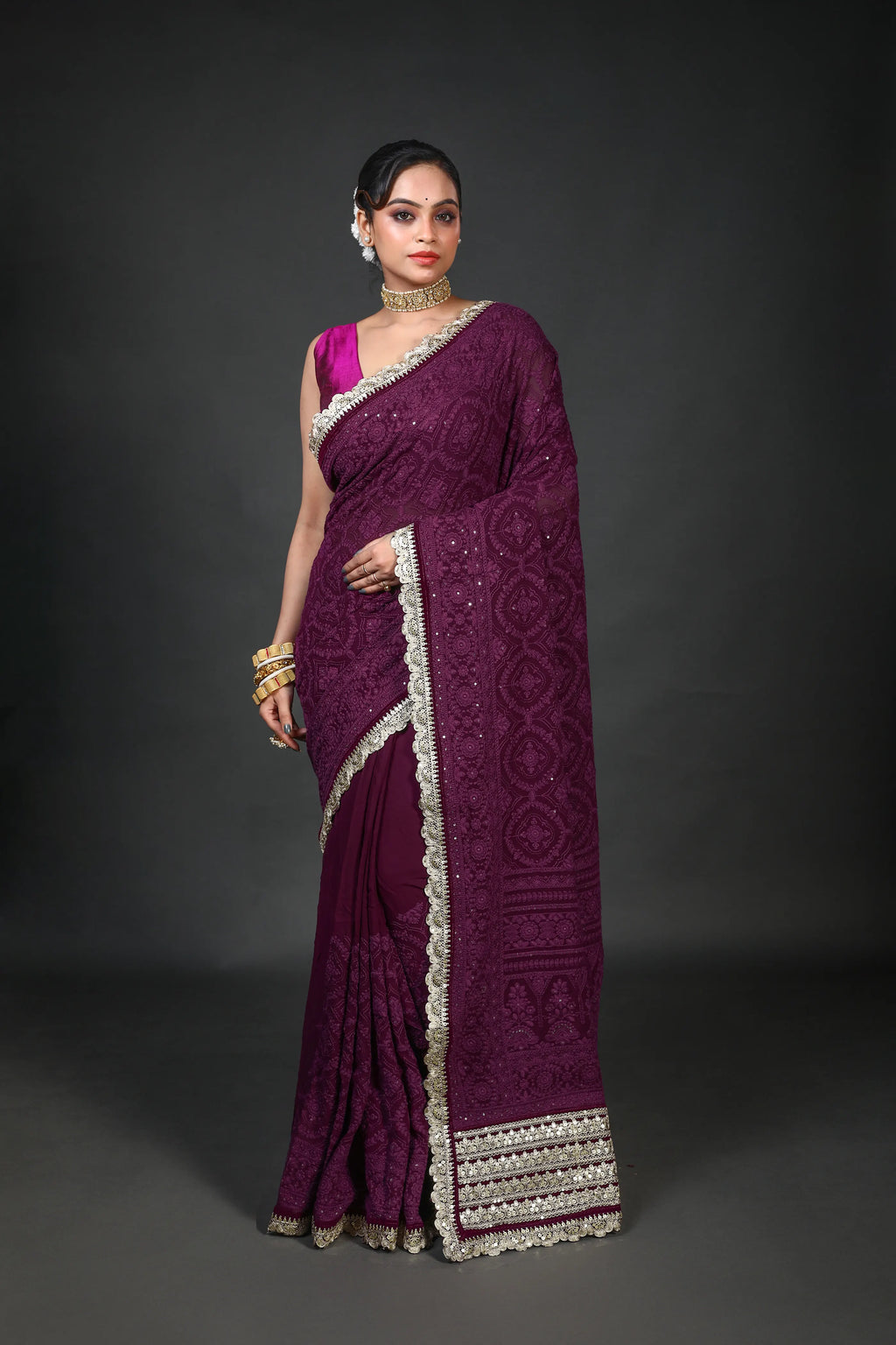 Purple Chiffon Luckhnowi Chikan Saree With Blouse Piece