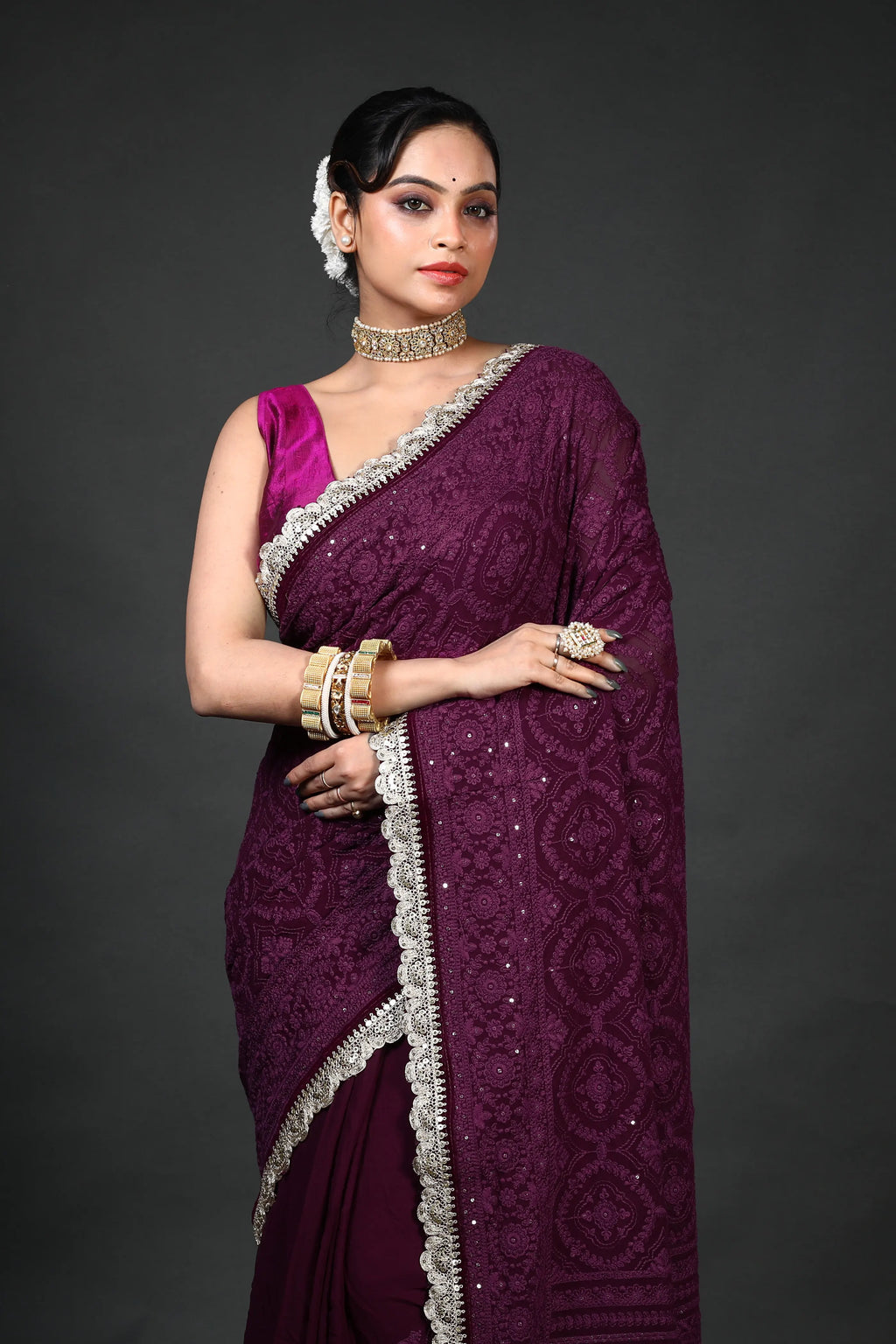 Purple Chiffon Luckhnowi Chikan Saree With Blouse Piece