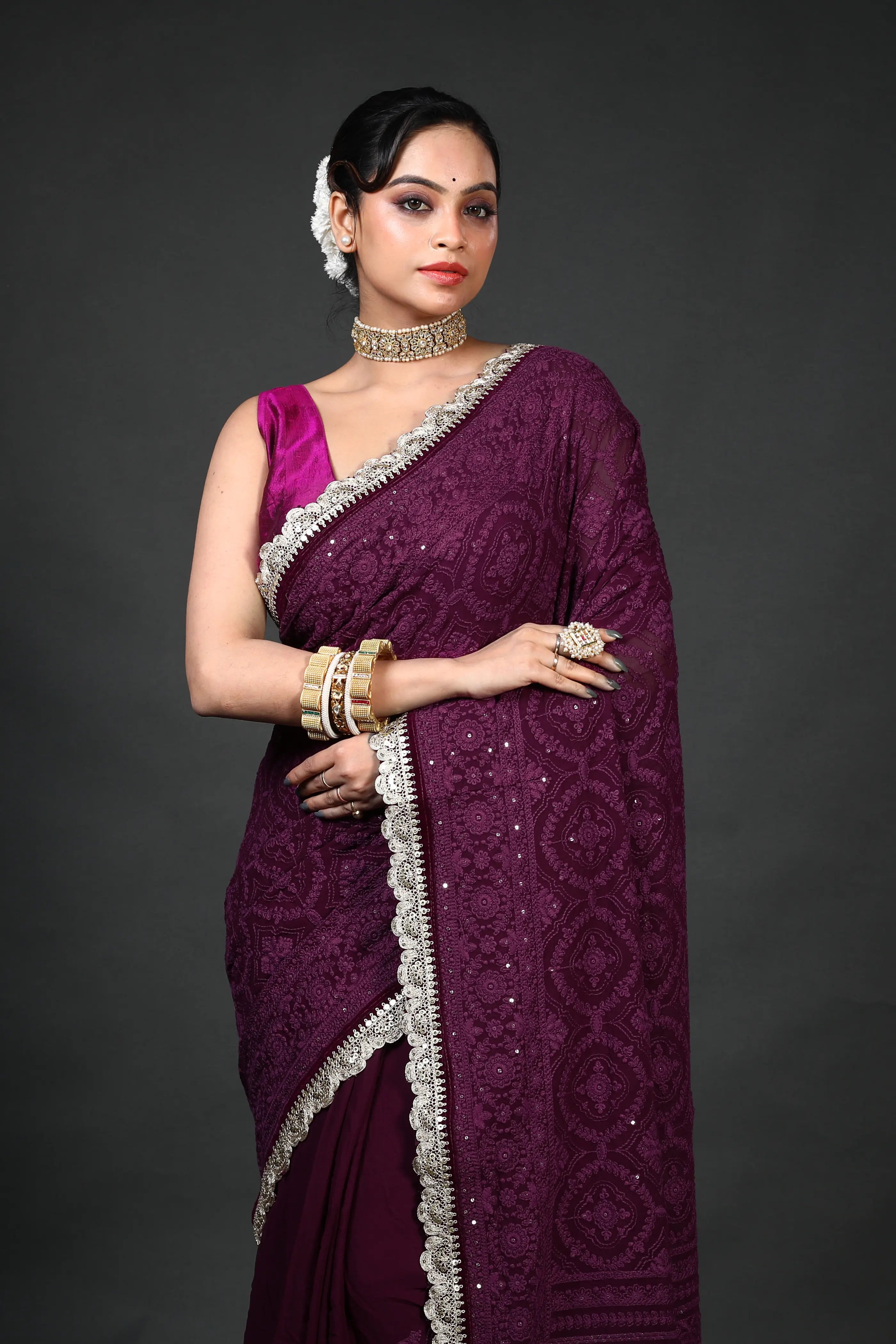 Purple Chiffon Luckhnowi Chikan Saree With Blouse Piece