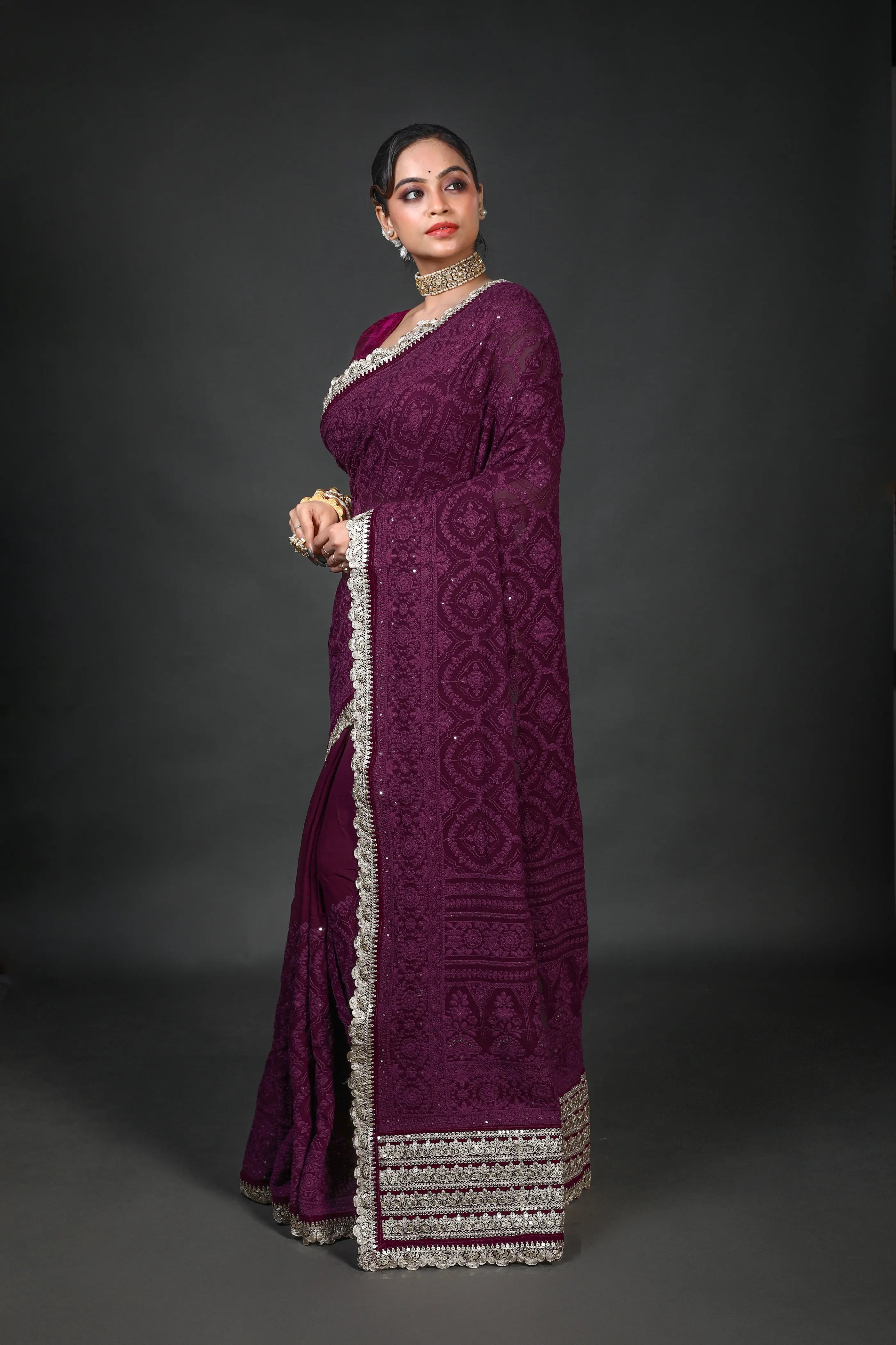 Purple Chiffon Luckhnowi Chikan Saree With Blouse Piece