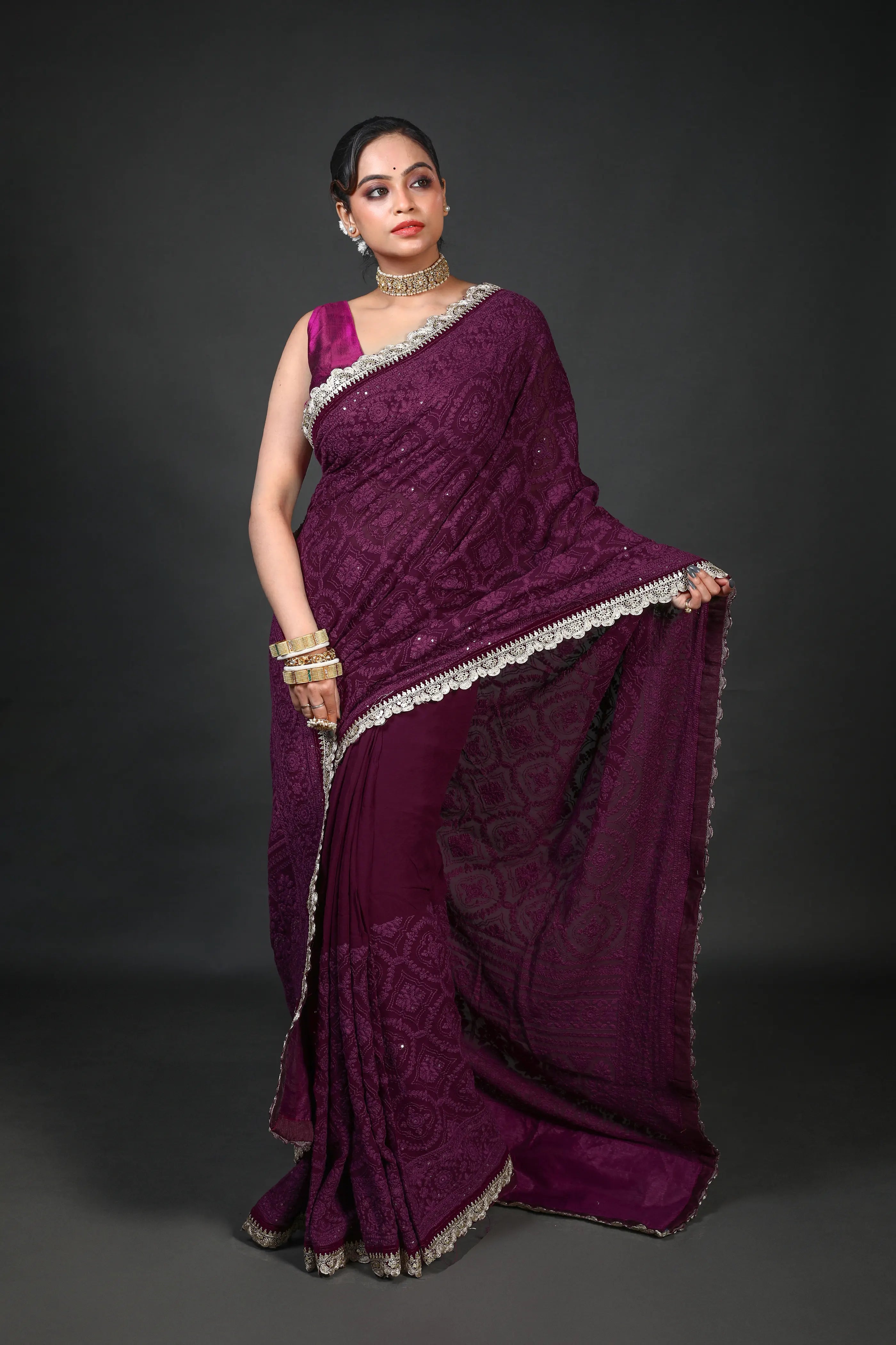 Purple Chiffon Luckhnowi Chikan Saree With Blouse Piece