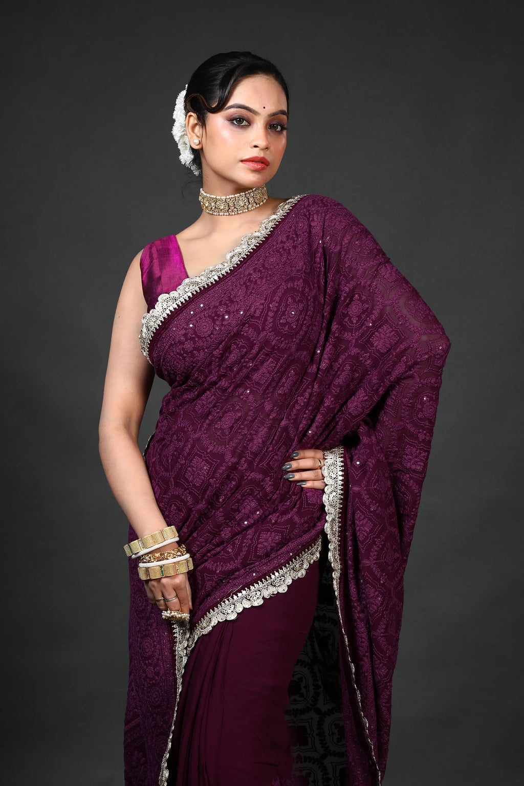 Purple Chiffon Luckhnowi Chikan Saree With Blouse Piece