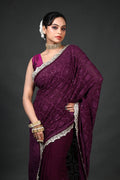 Purple Chiffon Luckhnowi Chikan Saree With Blouse Piece