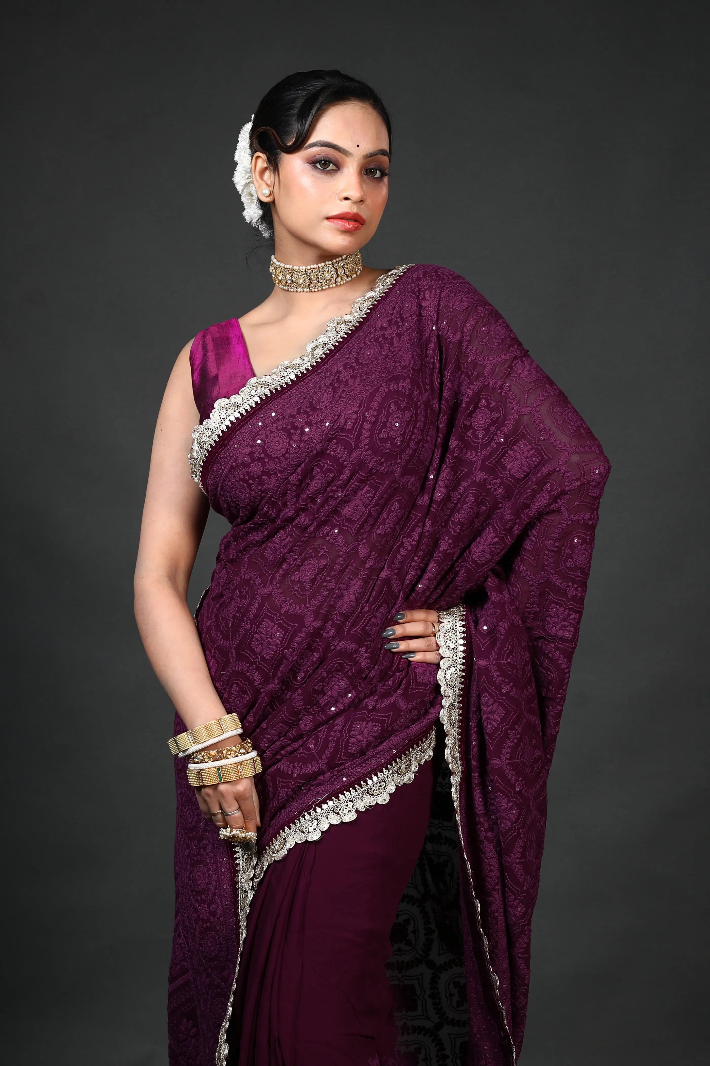 Purple Chiffon Luckhnowi Chikan Saree With Blouse Piece