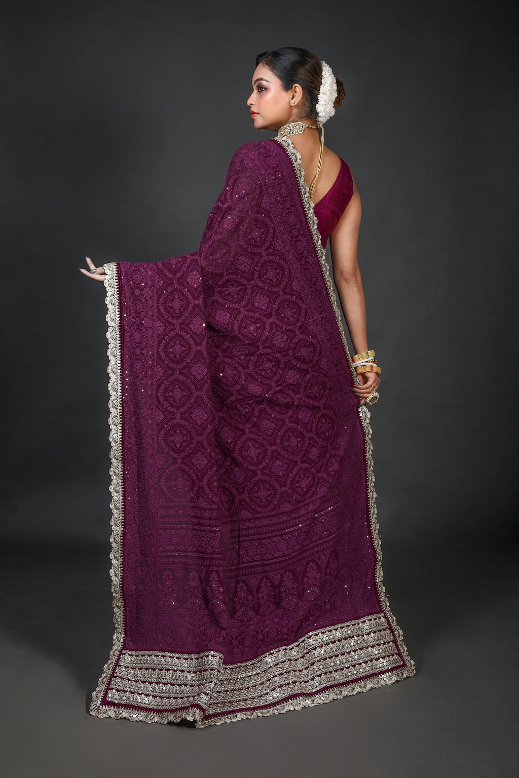 Purple Chiffon Luckhnowi Chikan Saree With Blouse Piece