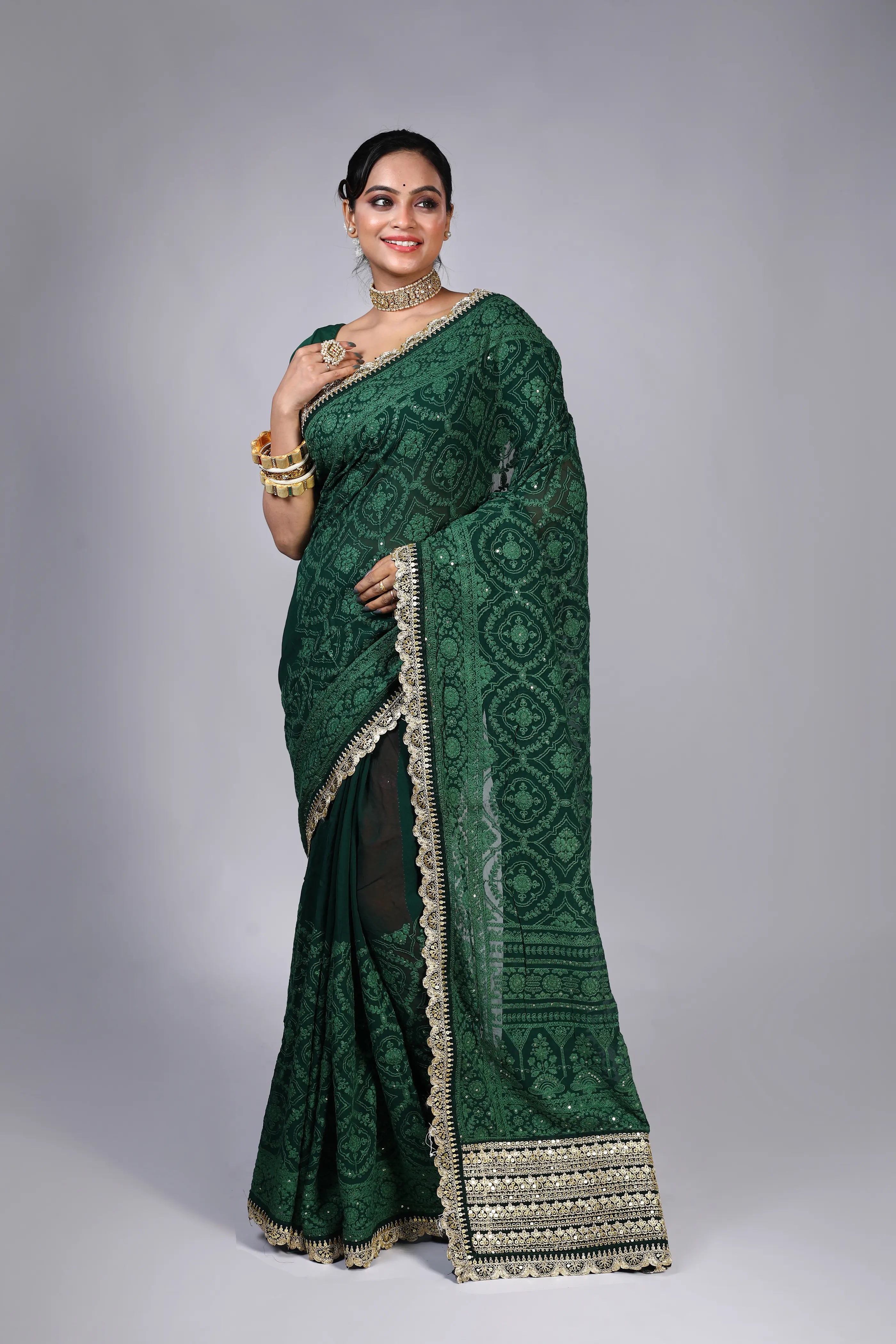 Bottle Green Chiffon Luckhnowi Chikan Saree With Blouse Piece