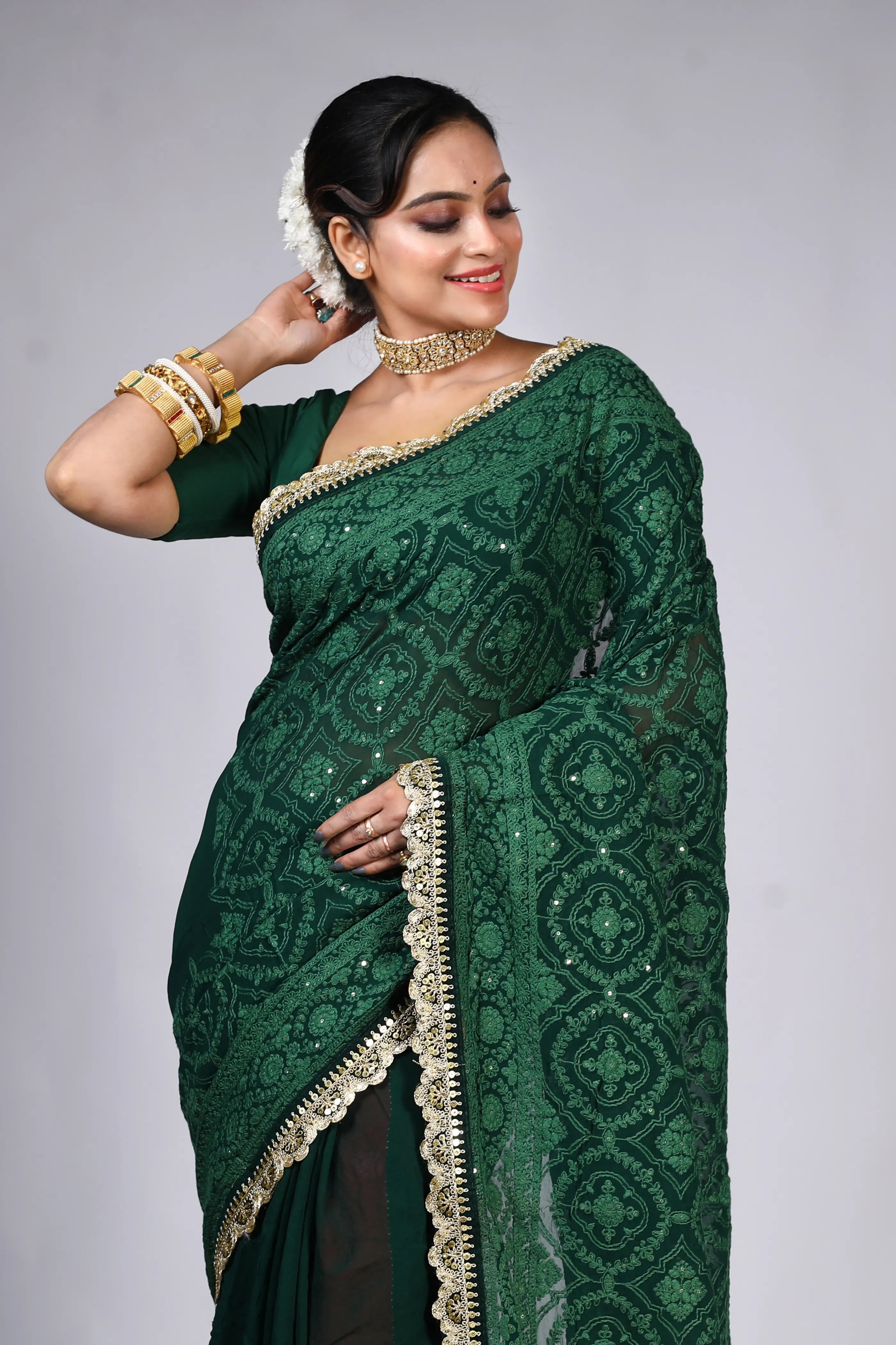 Bottle Green Chiffon Luckhnowi Chikan Saree With Blouse Piece