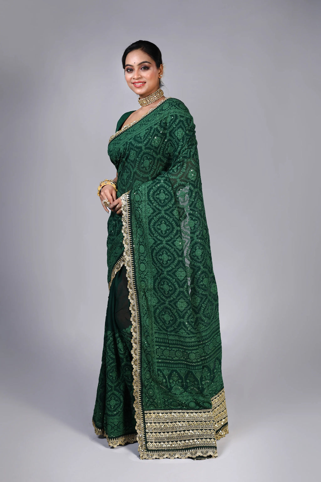 Bottle Green Chiffon Luckhnowi Chikan Saree With Blouse Piece