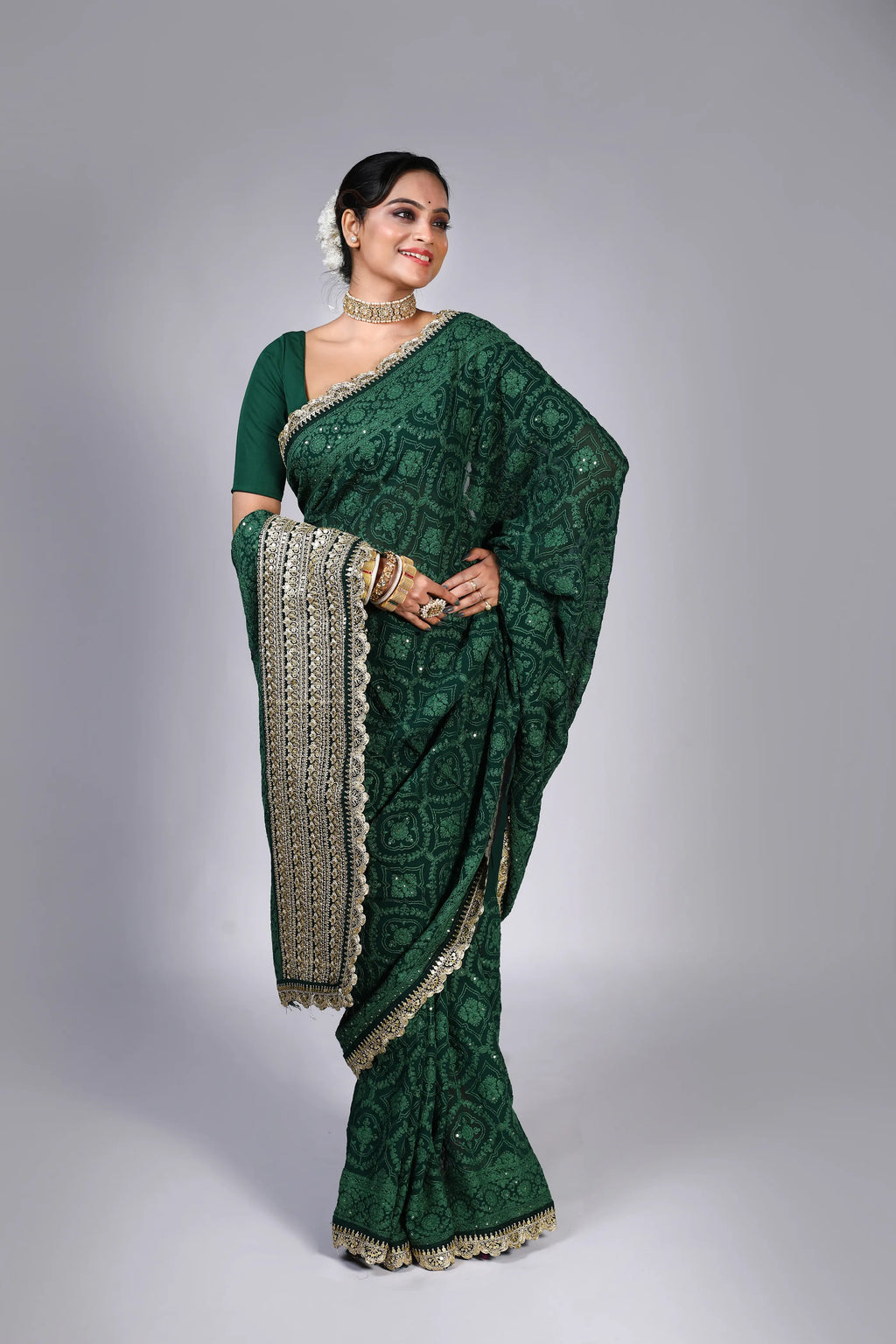 Bottle Green Chiffon Luckhnowi Chikan Saree With Blouse Piece