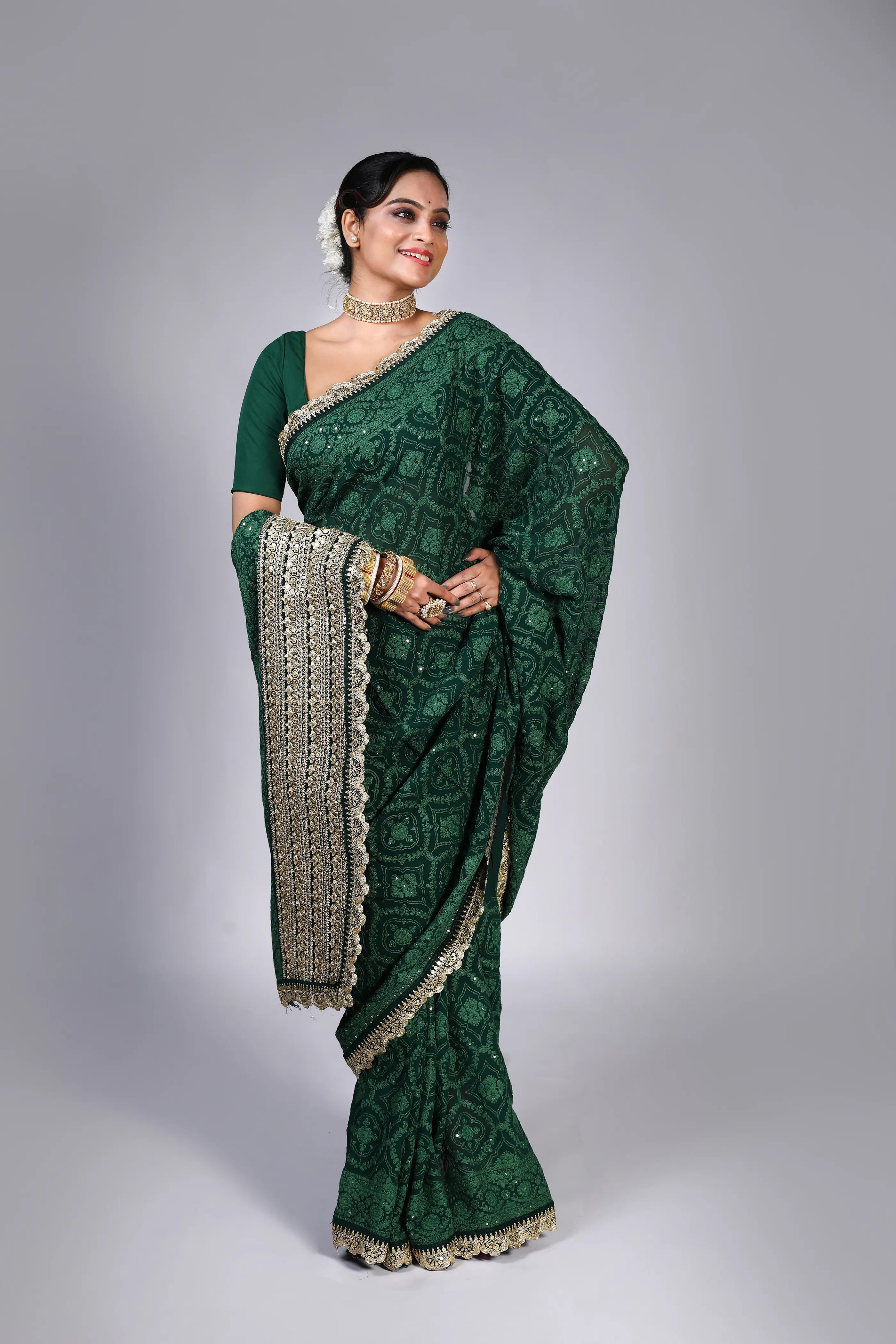 Bottle Green Chiffon Luckhnowi Chikan Saree With Blouse Piece