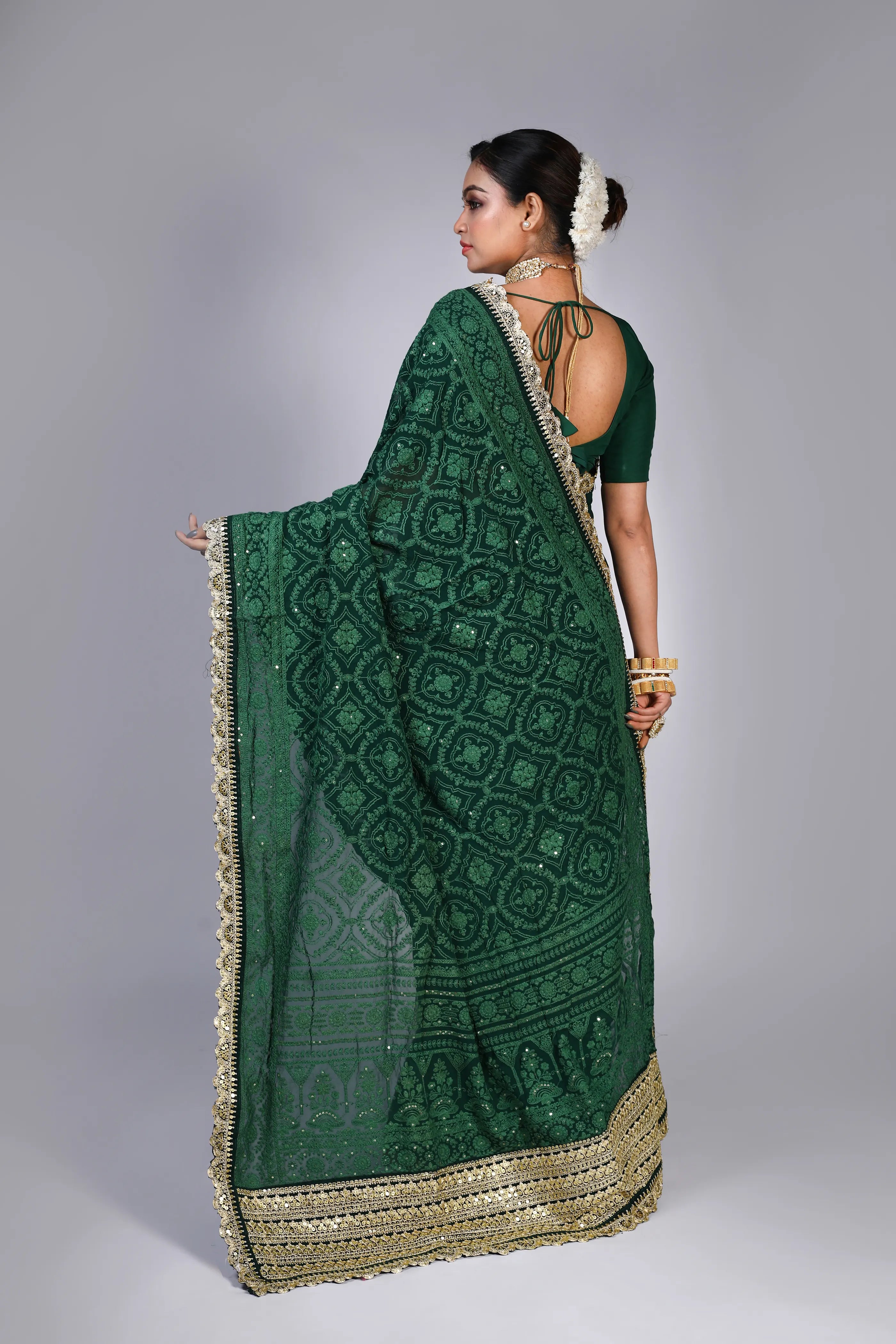 Bottle Green Chiffon Luckhnowi Chikan Saree With Blouse Piece